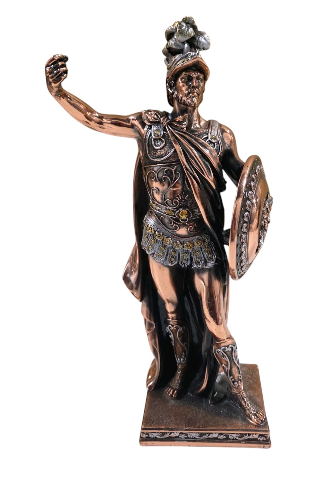 Copper-Tone Roman Soldier Warrior Statue With Shield & Helmet