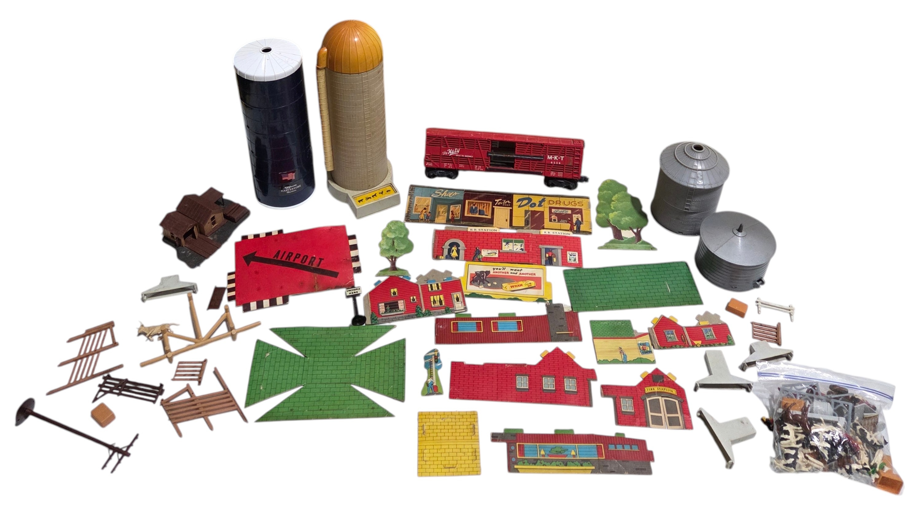 Assorted Model Railroad Scenery Lot  Buildings, Silos, M-K-T Train Car, Signs & Farm Accessories