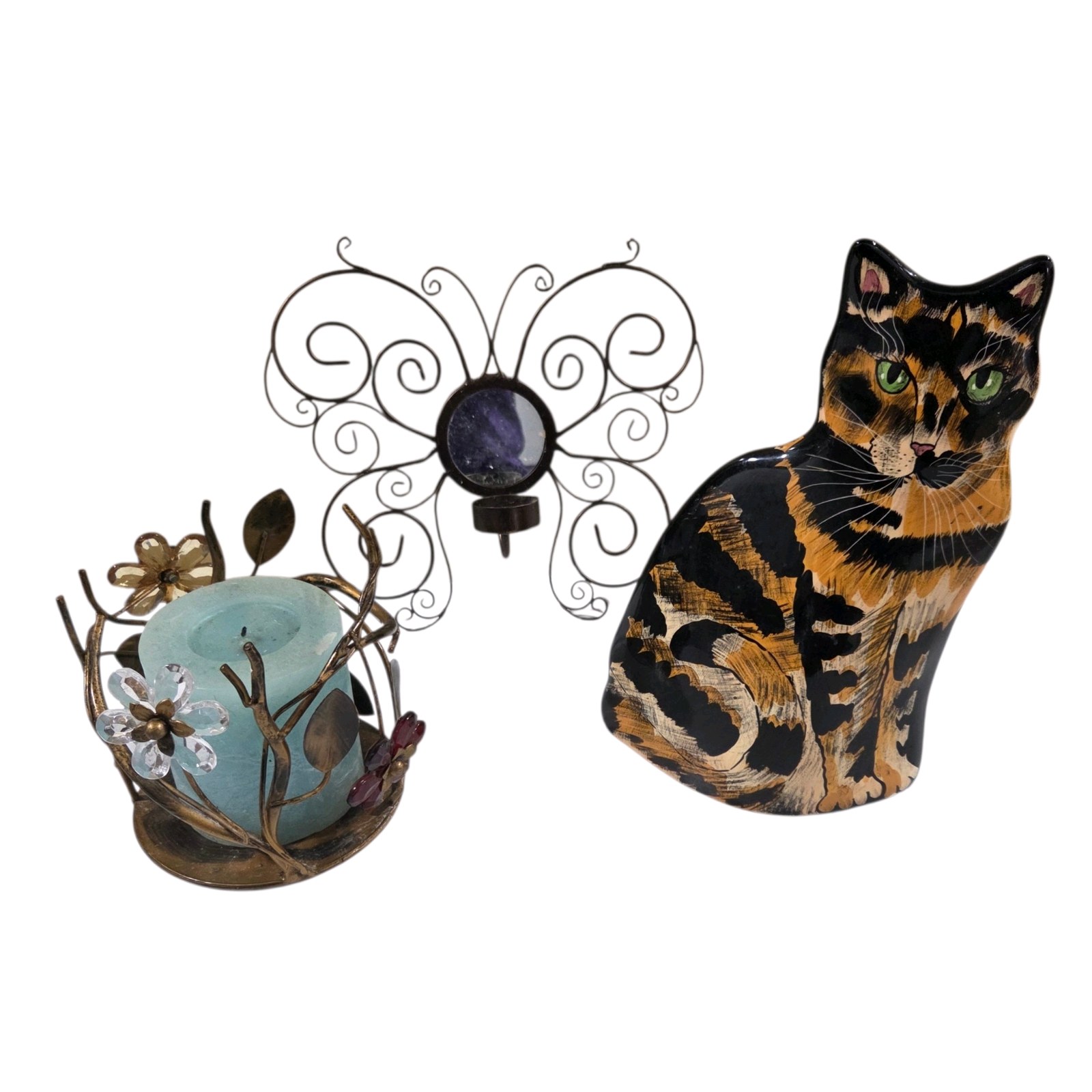Cats by Nina Cat Vase & Decorative Metal Candle Holders Lot