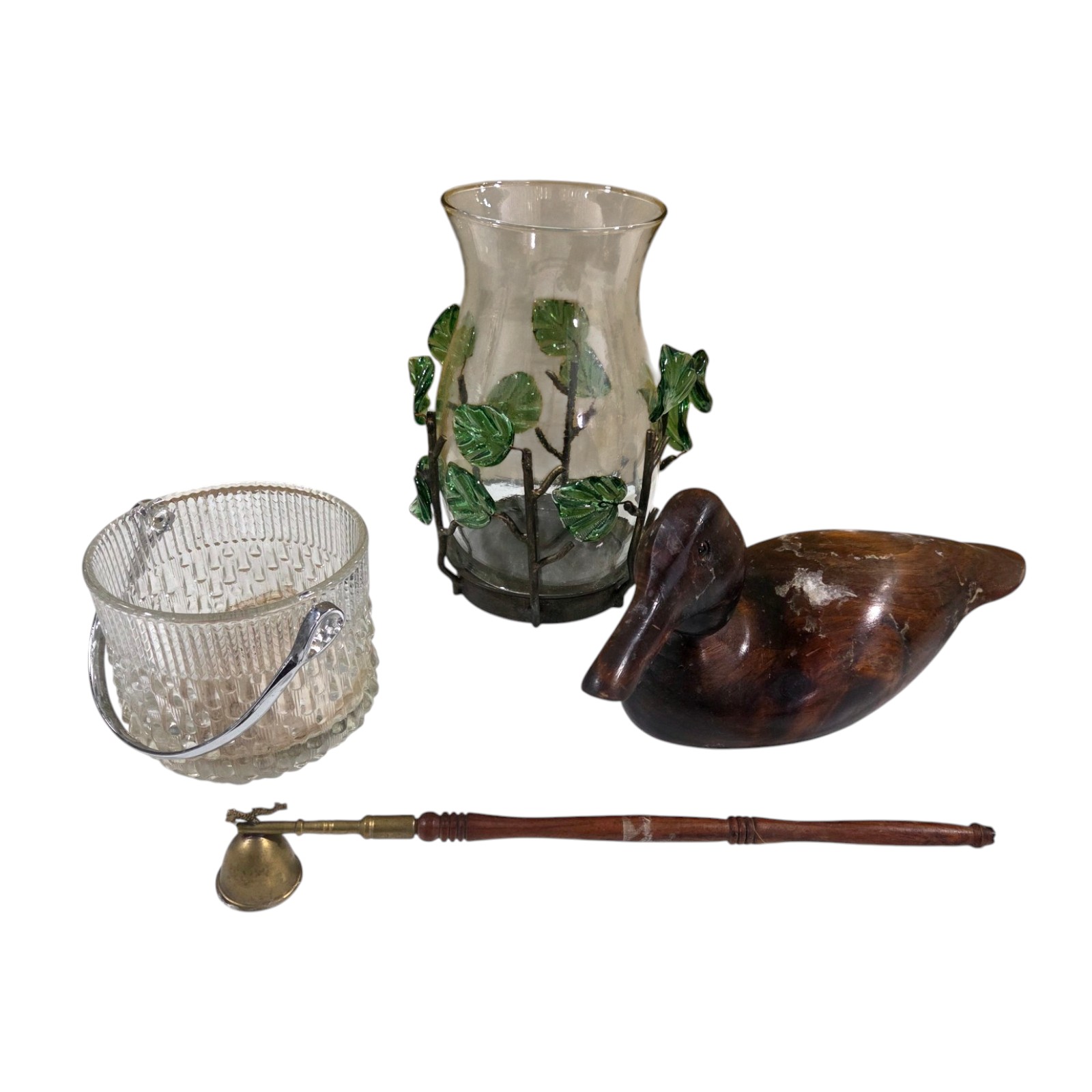 Mixed Home Dcor Lot  Wooden Duck, Glass jar with handle, Metal Leaf candle Holder & candle snuffer