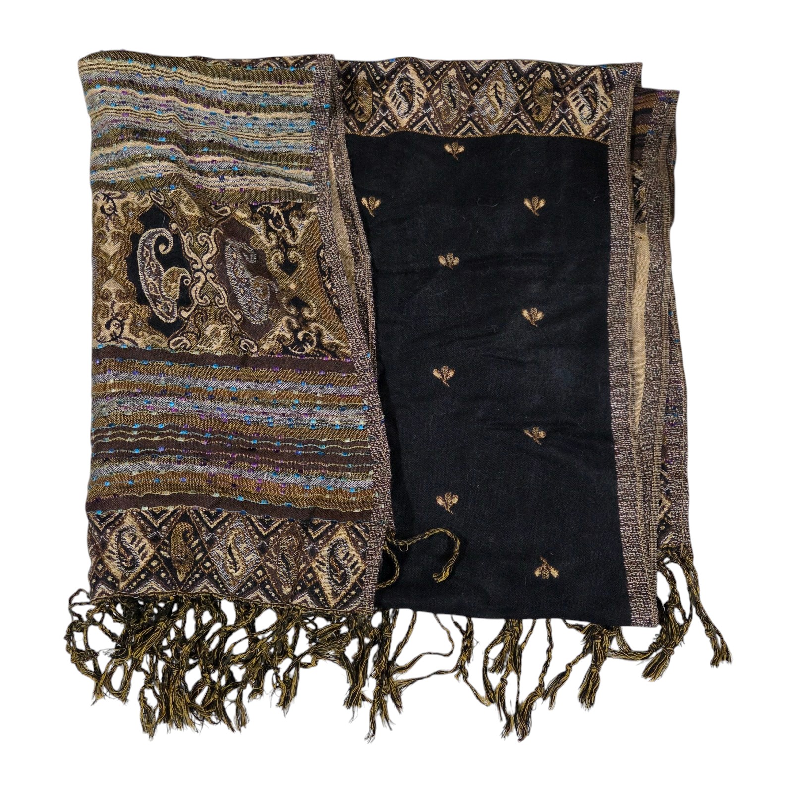 Decorative Woven Oversided Fringed Shawl  Black Gold Brown Pattern, Approx. 60 x 26