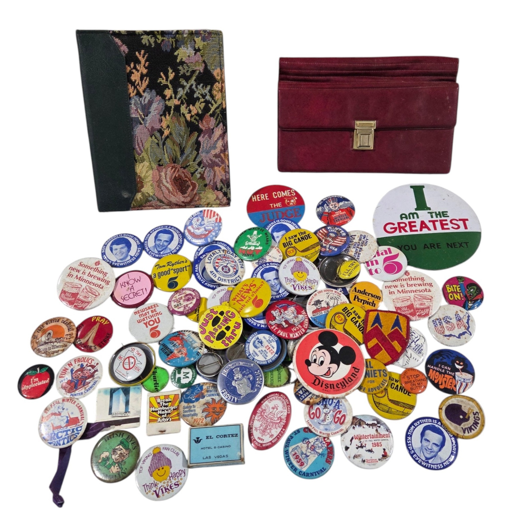Vintage Pinback Button Lot, Photo Album & Red Organizer Case