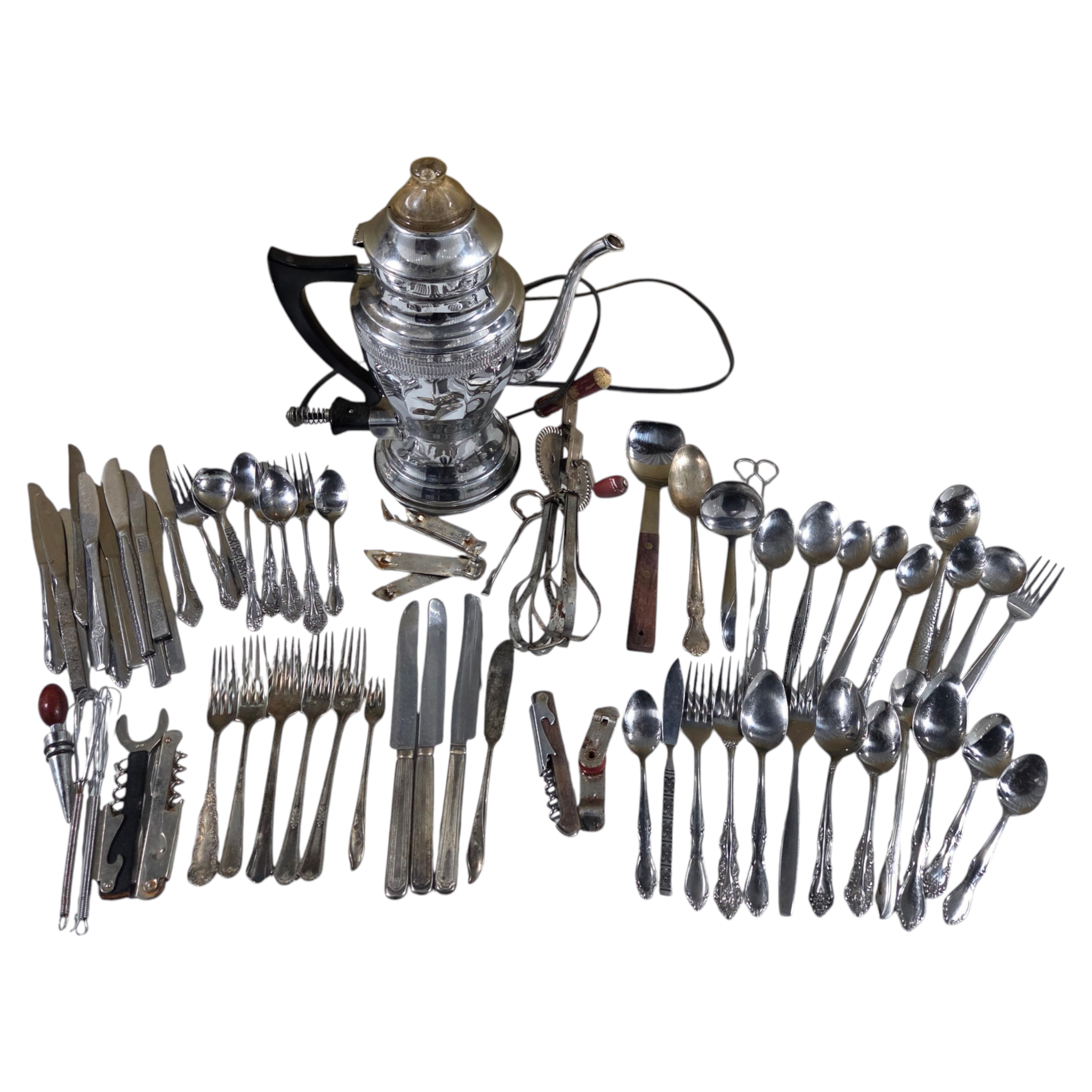 Mixed flatware, silver plated utensils & Kitchen Utensil Lot, Electric Coffee Pot, Bottle Openers & Hand Mixer
