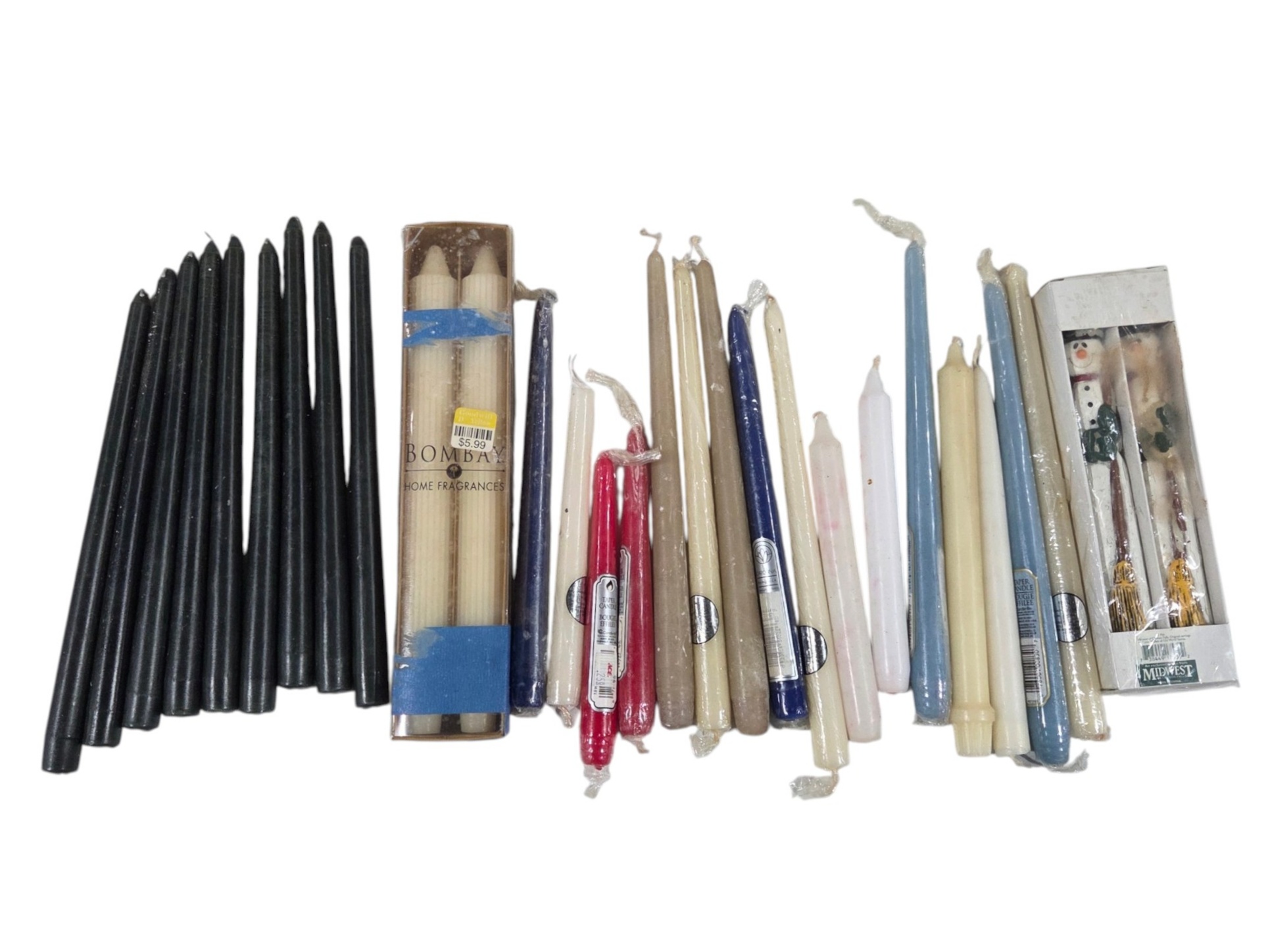 Taper Candle Lot, Black Candles, Bombay Home Fragrances & Snowman Candles