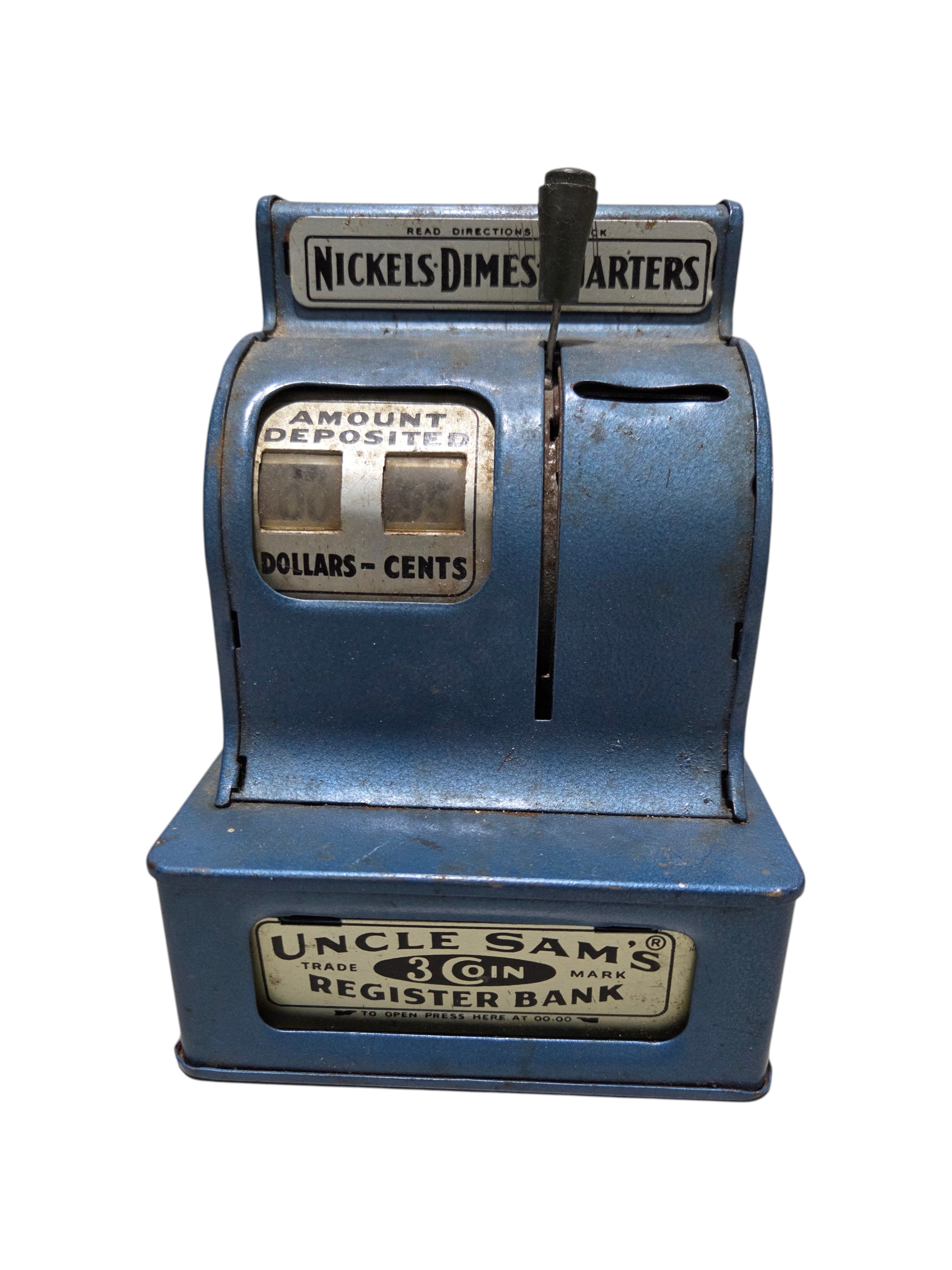 Vintage Uncle Sams 3-Coin Register Bank Blue Metal Coin Bank