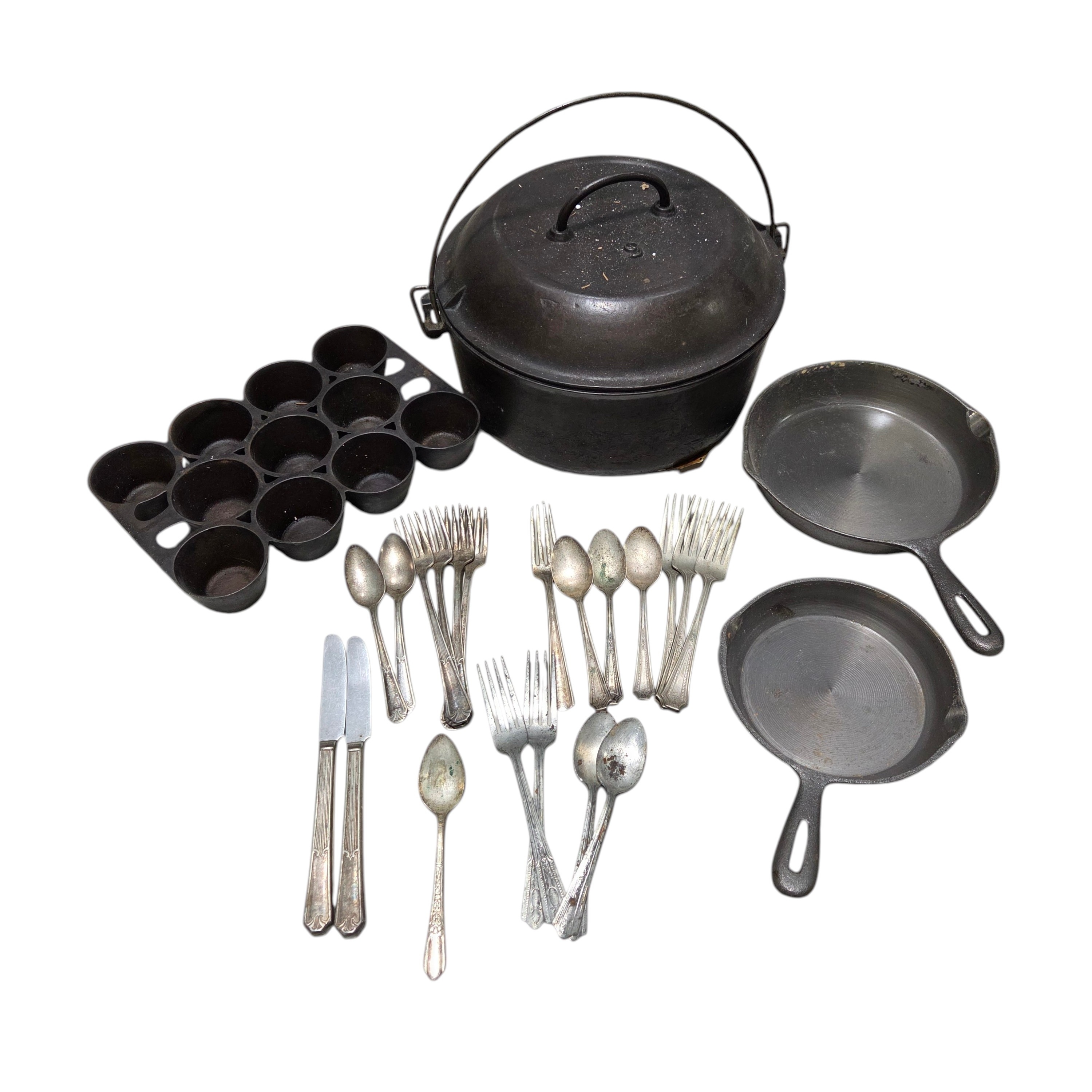 Cast Iron Cookware Lot With Silver Plated Flatware - Dutch Oven No. 6, Skillets & Muffin Pan