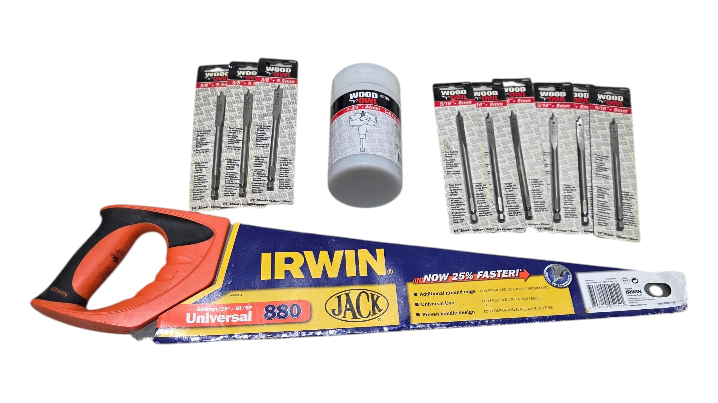 Irwin Jack 880 Hand Saw & Wood Owl Drill Bit Lot - Spade Bits, Self-Feed Bit