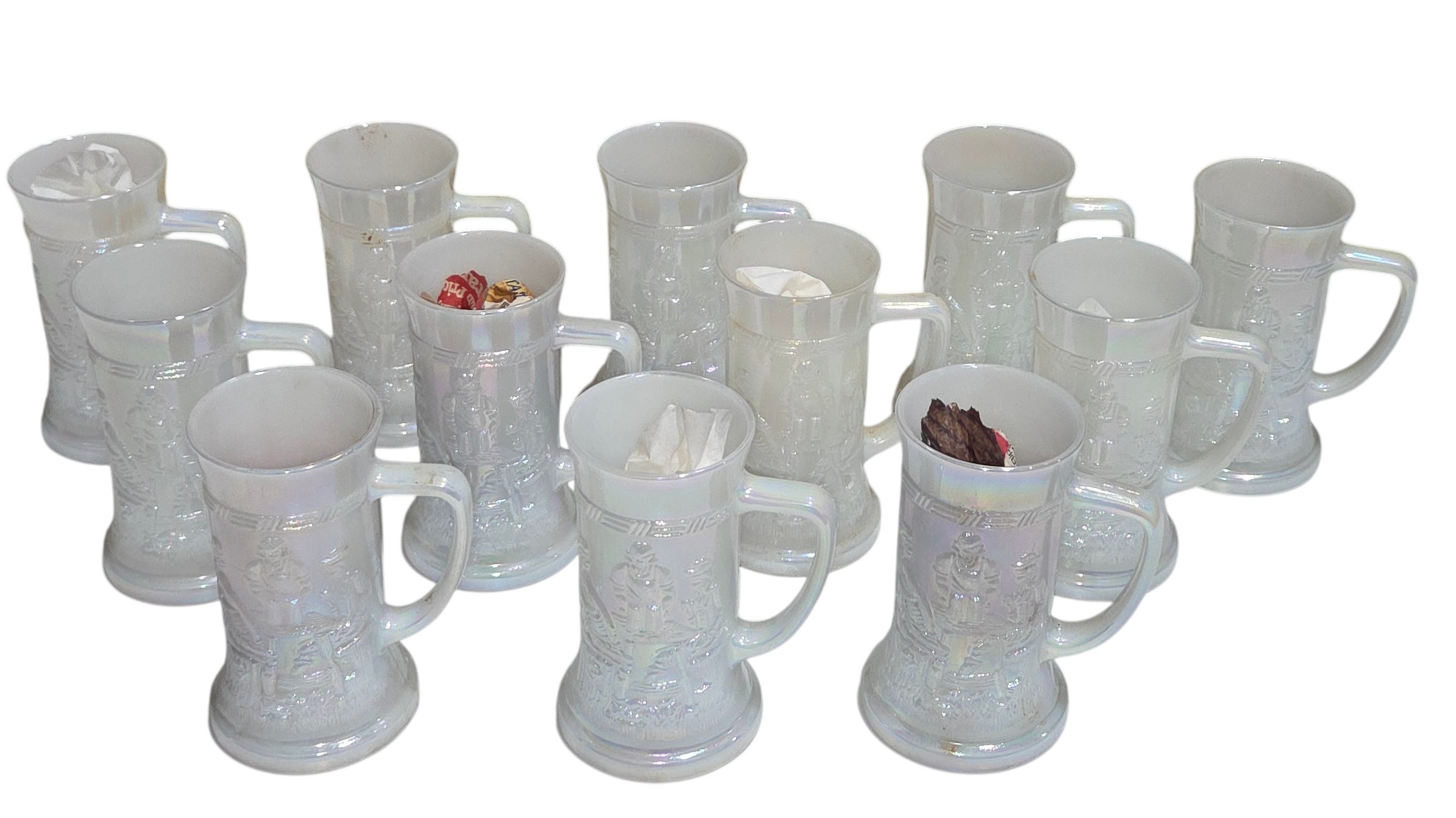 Lot of 12 Iridescent Milk Glass Beer Steins  Tavern Scene Mugs