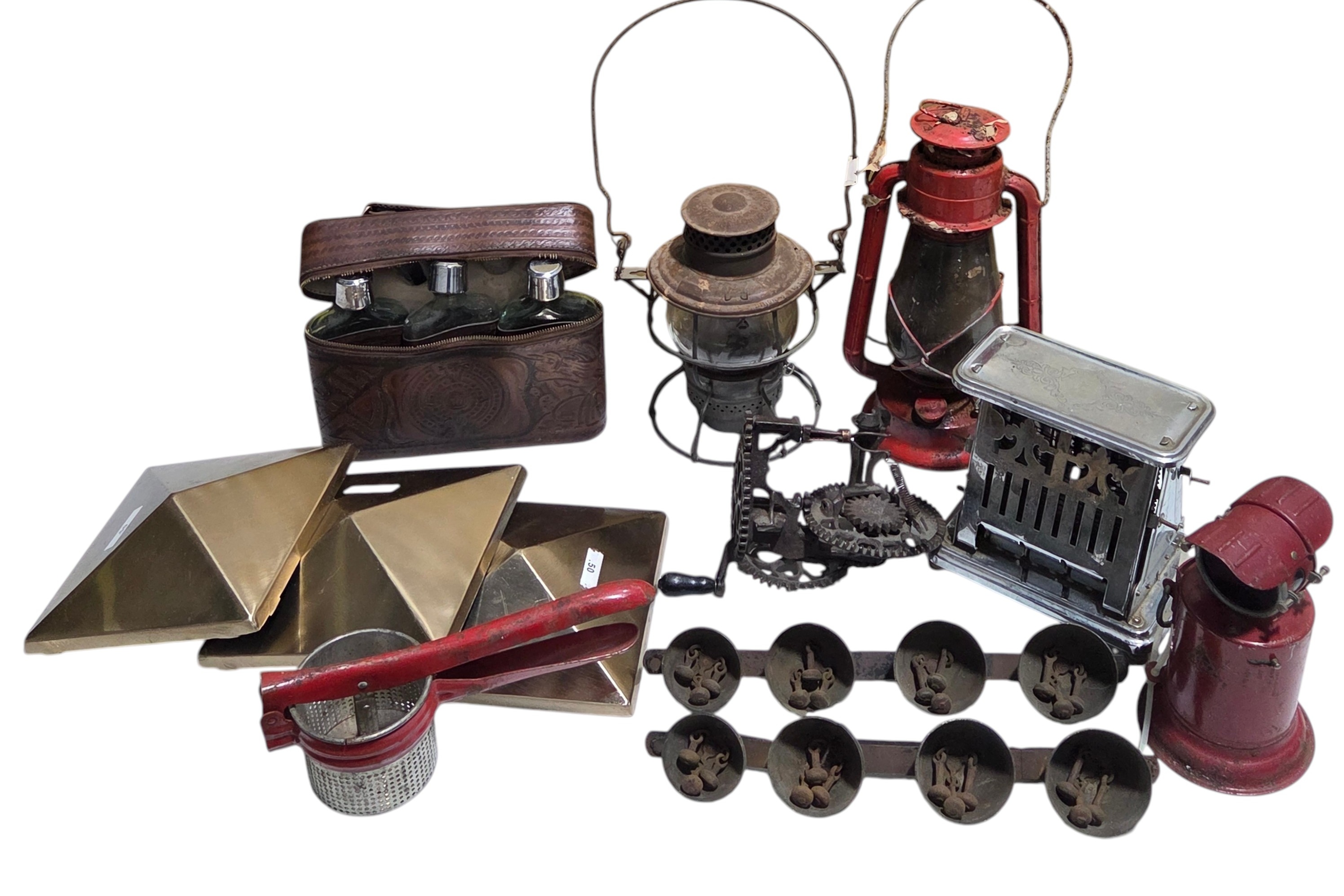Vintage Household & Camping Decor Lot  Lanterns, Flask Set, Bells, Toaster, Brass Pieces