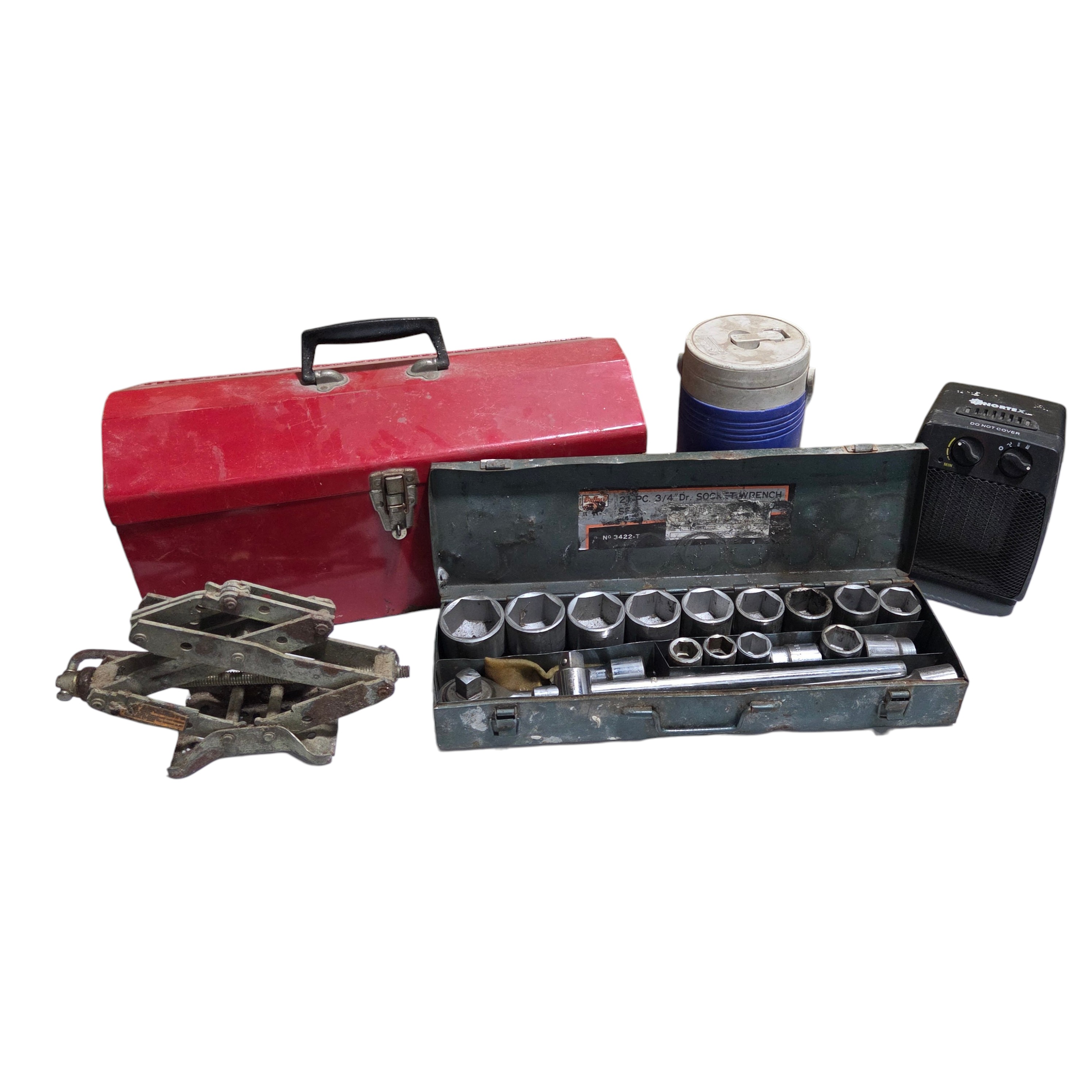 Mixed Tool Lot  Red Metal Toolbox, Socket Set, Scissor Jack, Utility Heater & Cooler