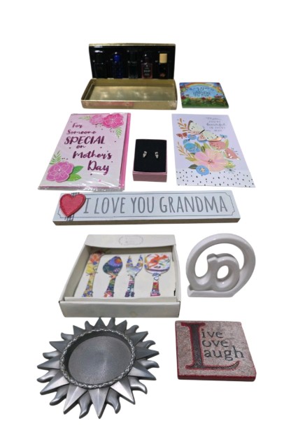 Gifts & Home Decor Lot  Cards, Signs, Earrings, Perfume Set, Artistic Accents Serving Utensils