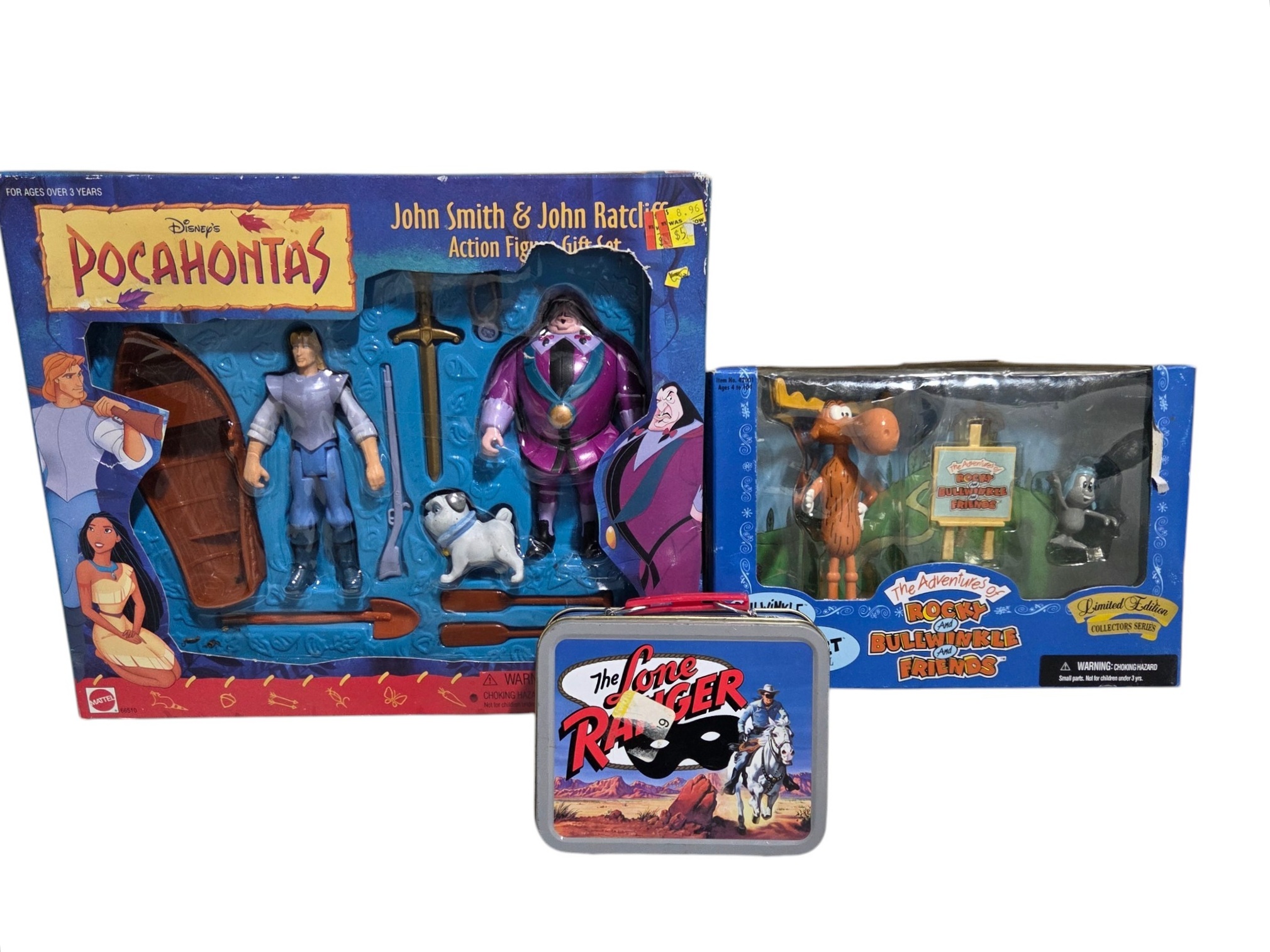 Pocahontas Action Figure Gift Set, Rocky & Bullwinkle Figures & Lone Ranger Lunch Box