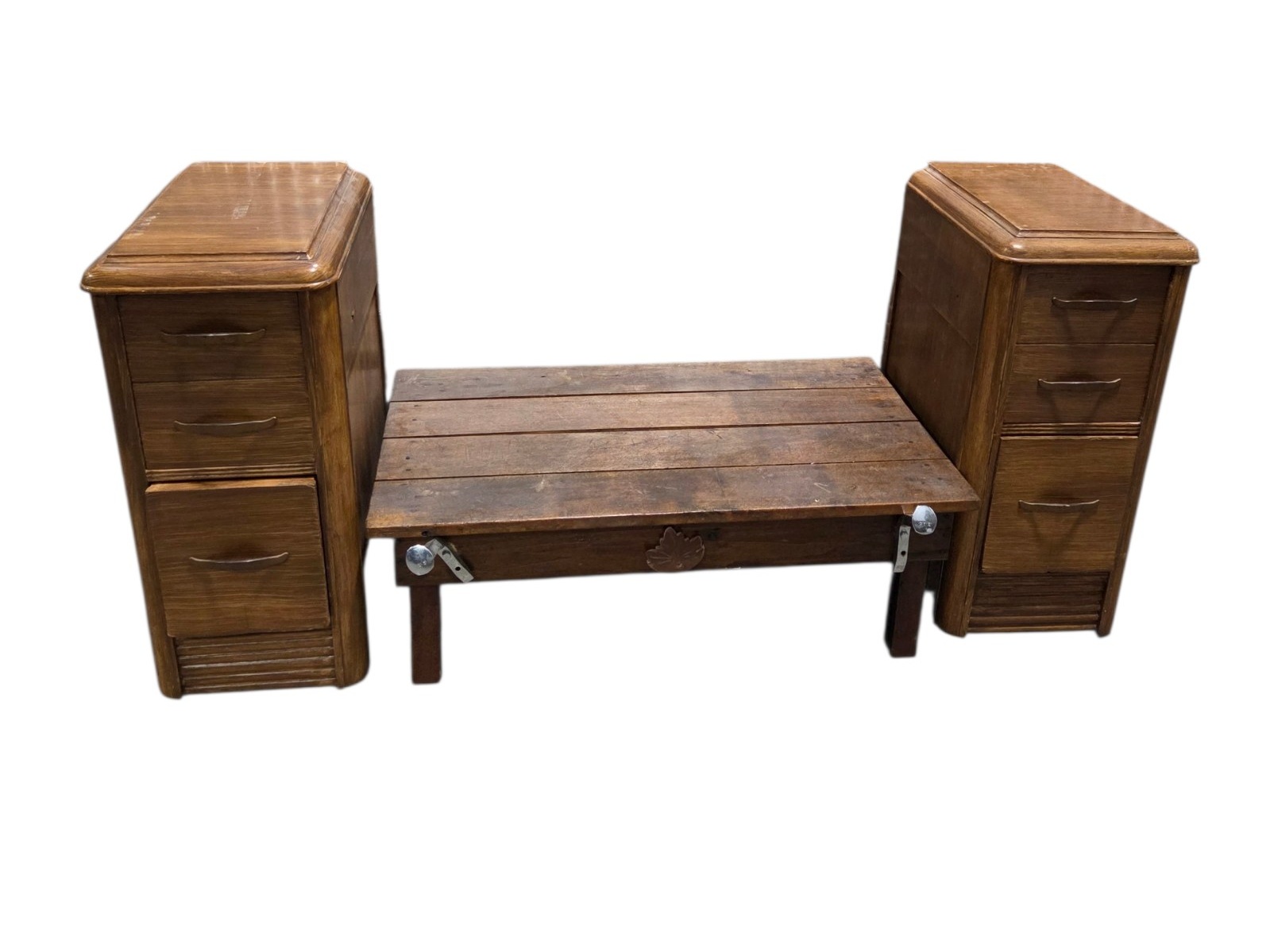 3-Piece Wood Furniture Lot  Matching Side Cabinets & Bench  Coffee Table