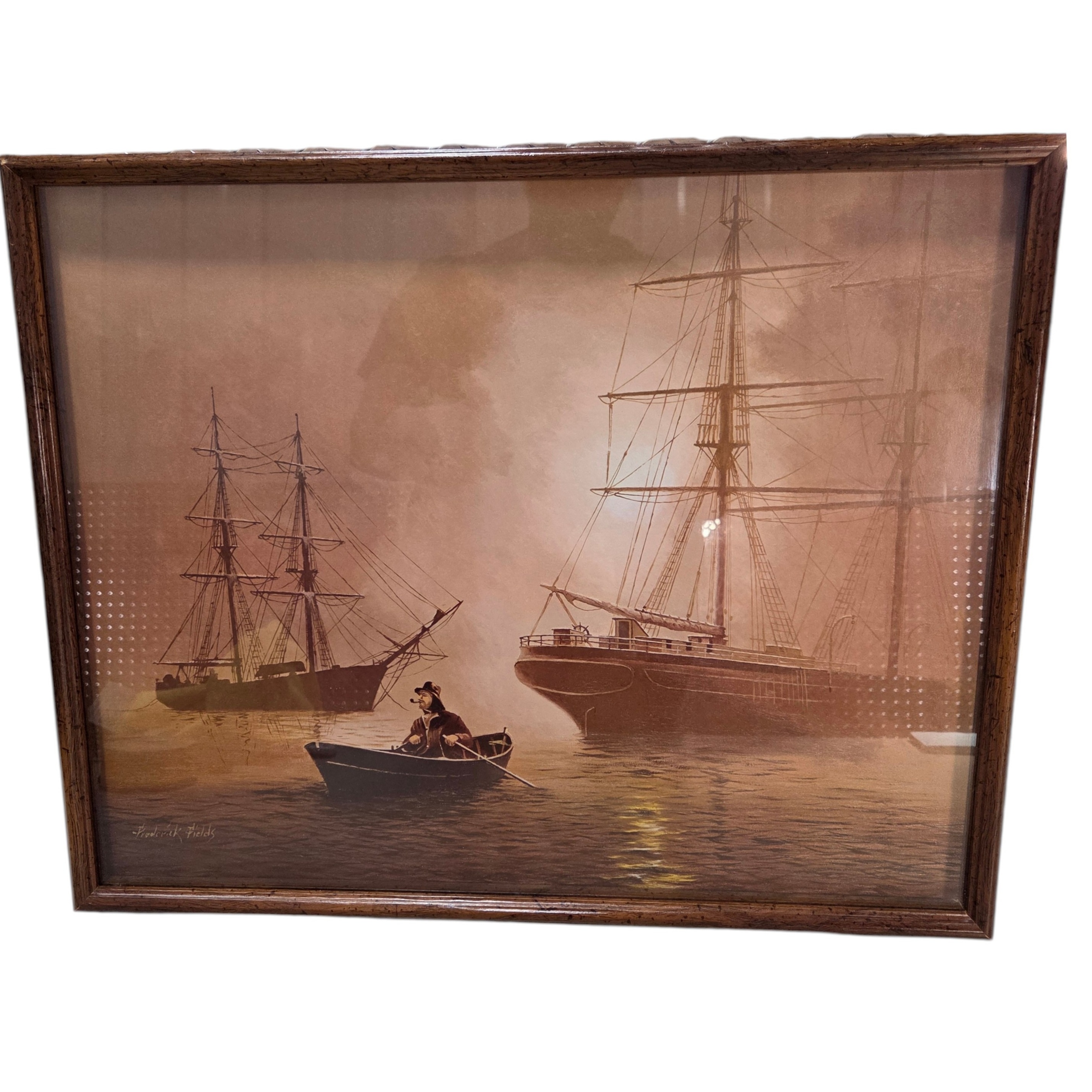 Framed Maritime Sailing Ship Print - Leonard K Fields Harbor Boat Scene Wall Art