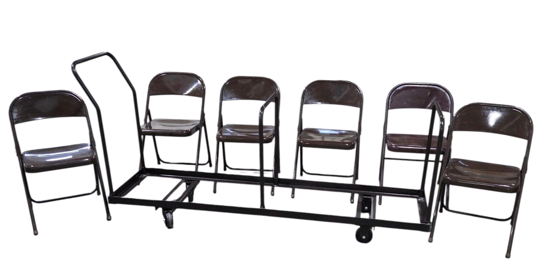 6 Brown Metal Folding Chairs With Rolling Storage Cart