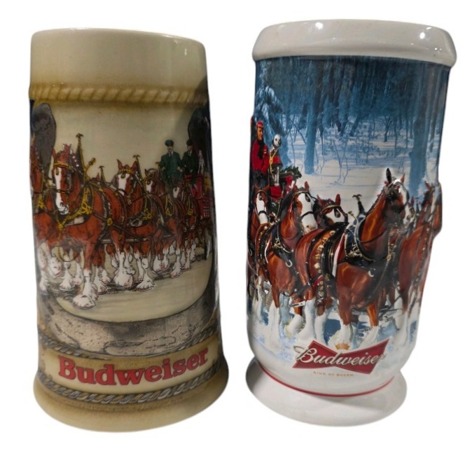Pair of Budweiser Clydesdale Beer Steins Anheuser-Busch Horse Team Holiday Lot