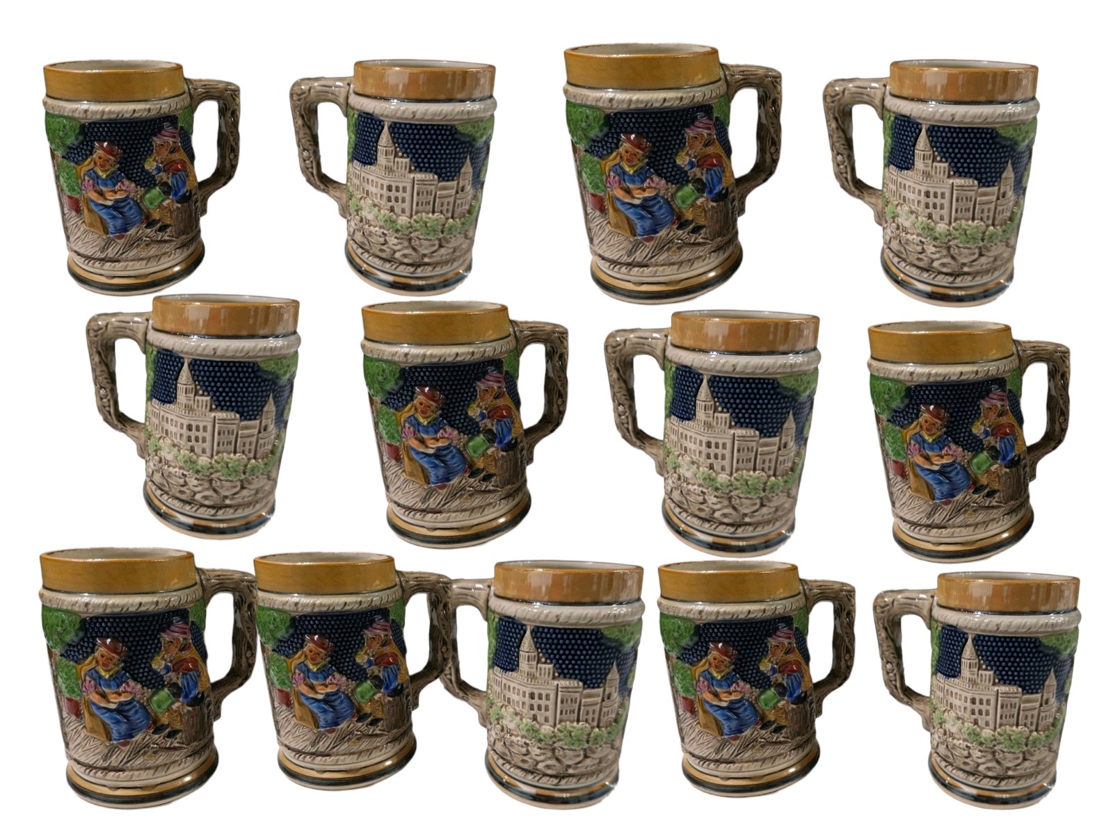 Set of 13 Ceramic Beer Stein Mugs Raised Pub Scene
