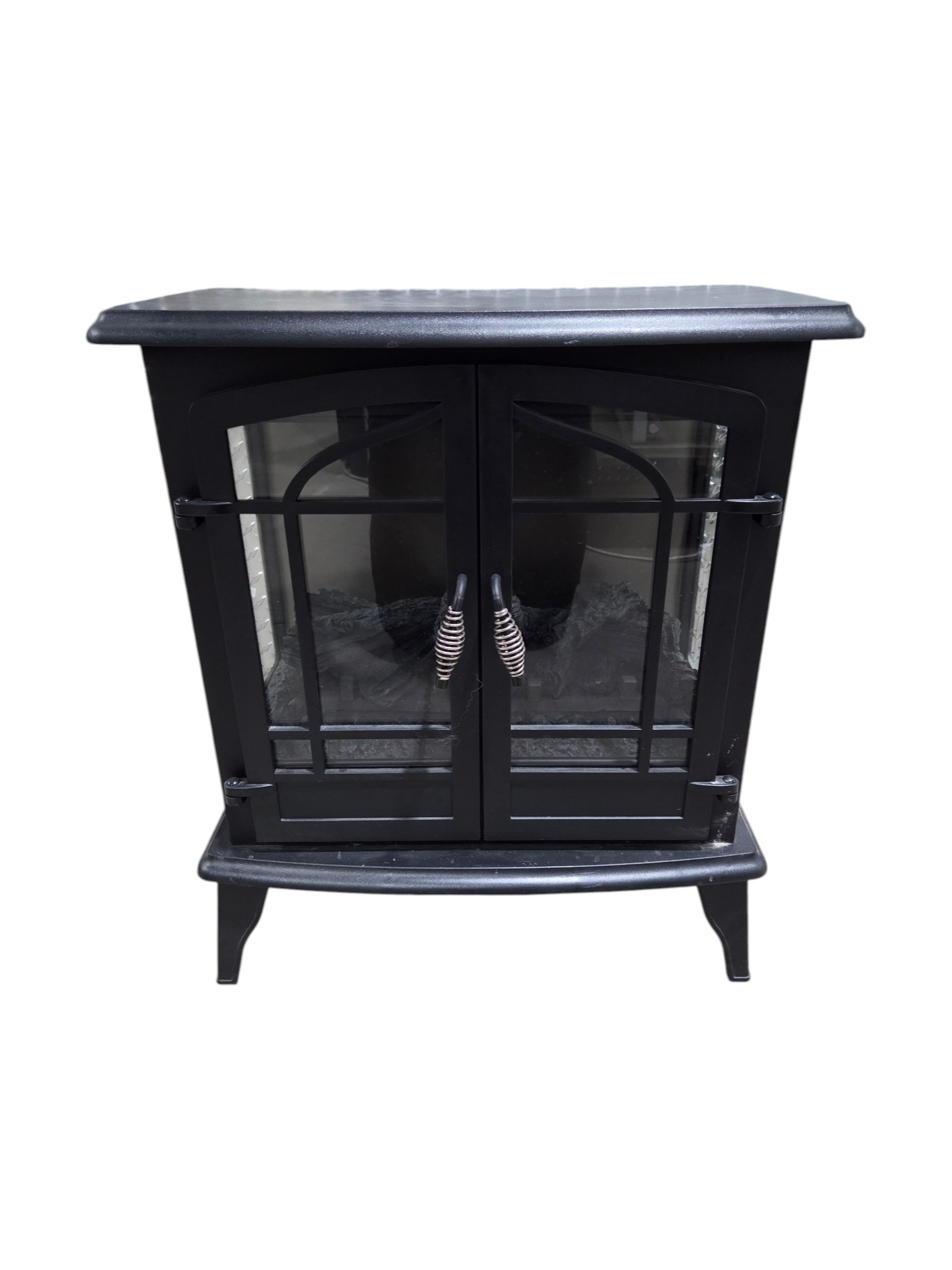 Black Electric Fireplace Stove Heater with Faux Logs, Glass Doors & Flame Effect - Working