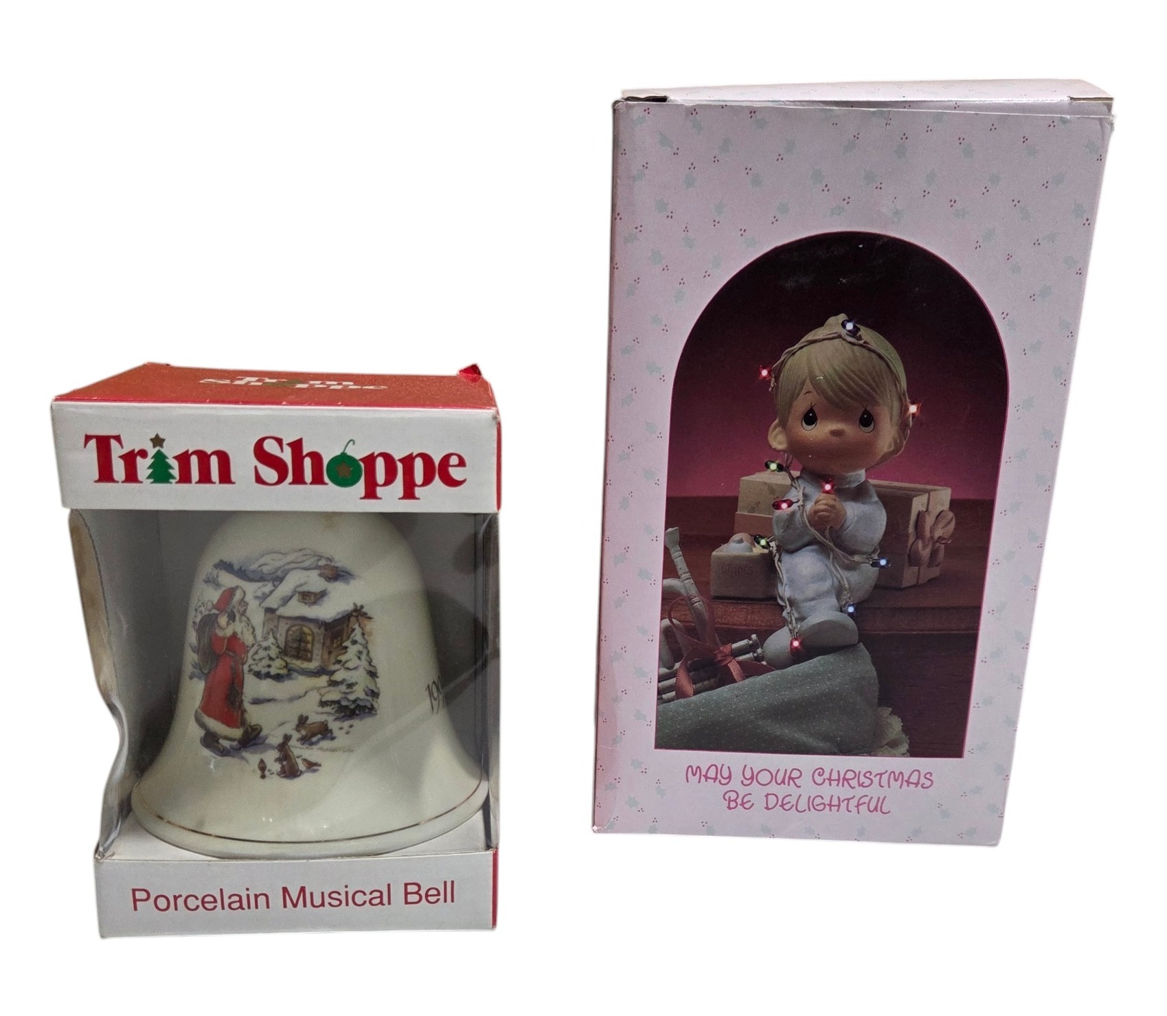 Precious Moments Christmas Stocking Hanger With Lights & Trim Shoppe Porcelain Musical Bell
