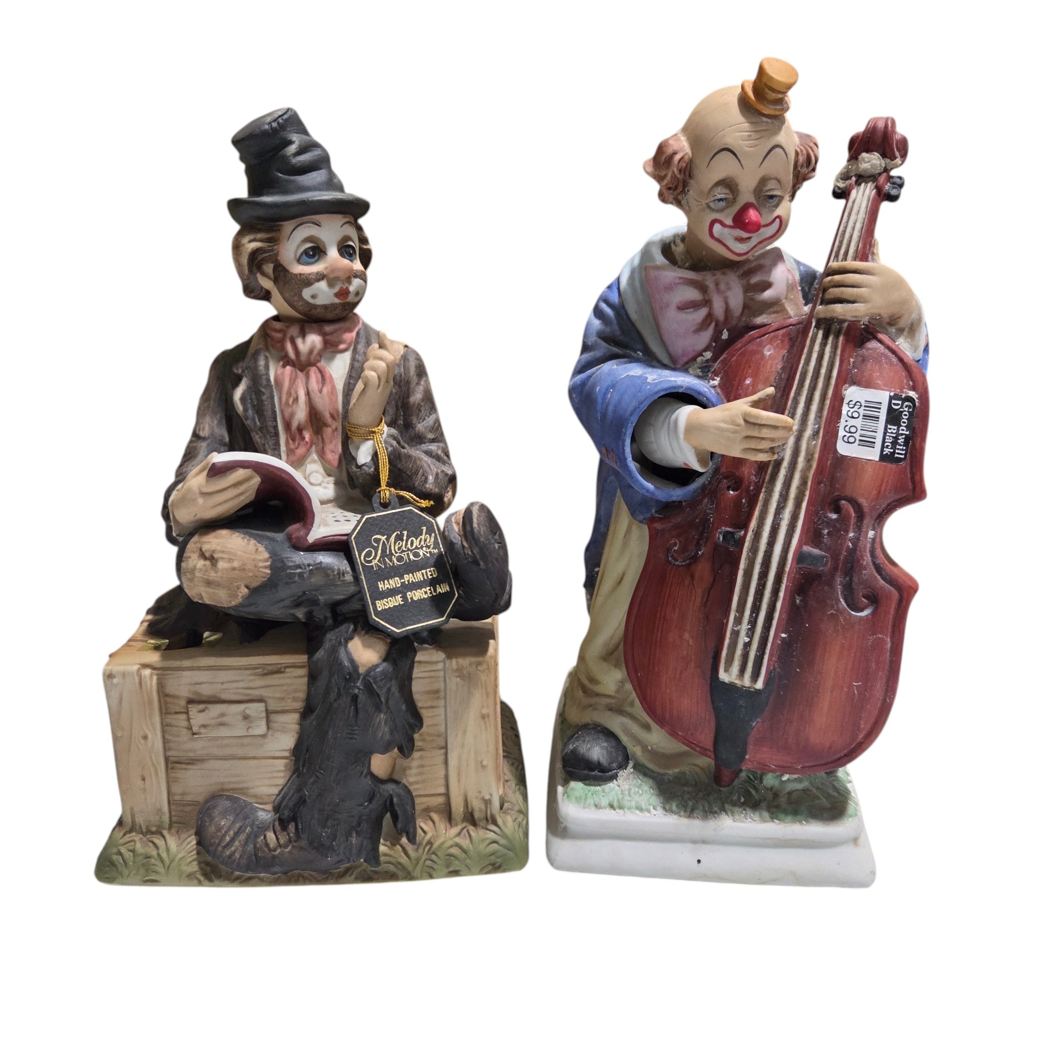 2 Melody in Motion Clown Music Figurines - Hand-Painted Bisque Porcelain