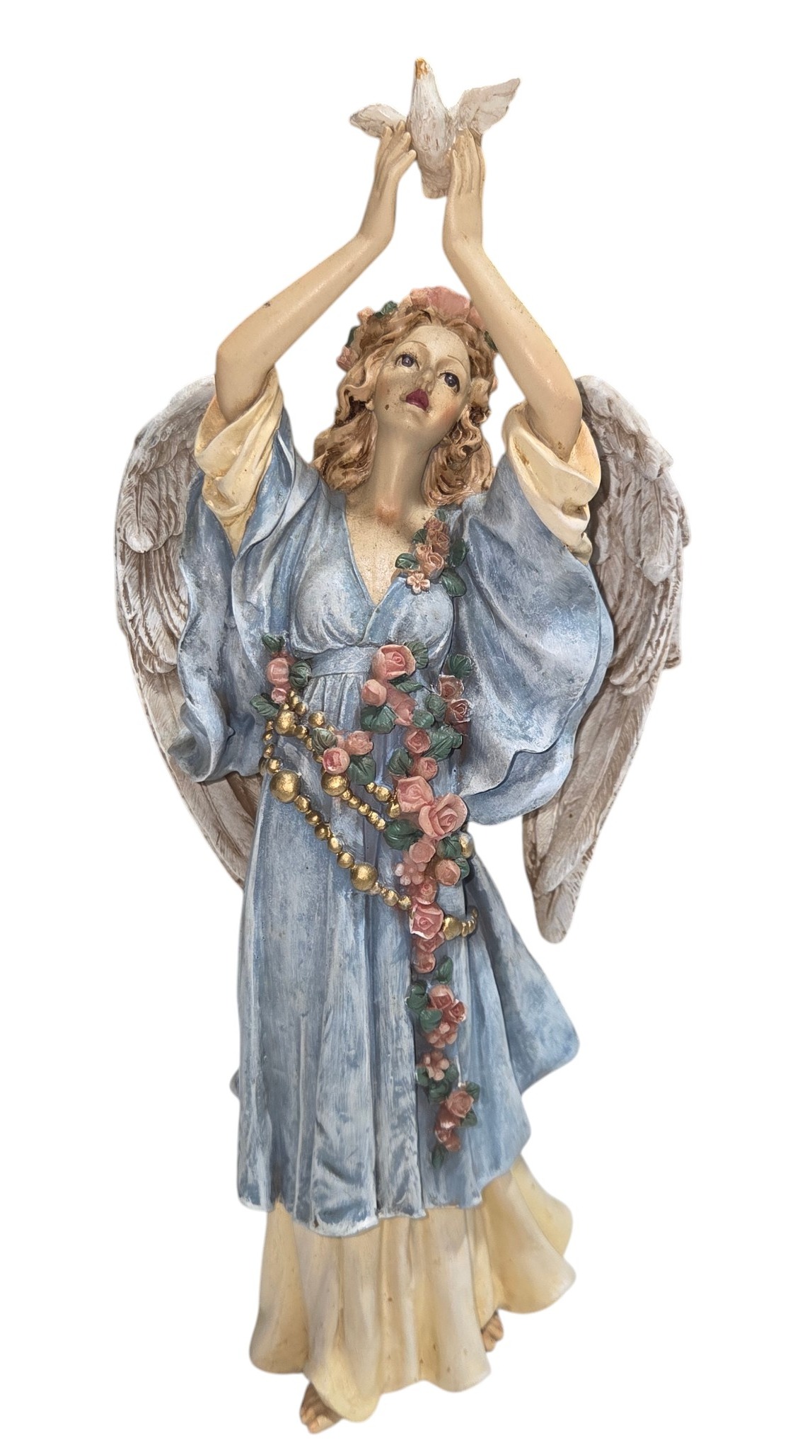 Angel Figurine With Dove & Floral Garland - Blue Dress, Winged Religious Decor