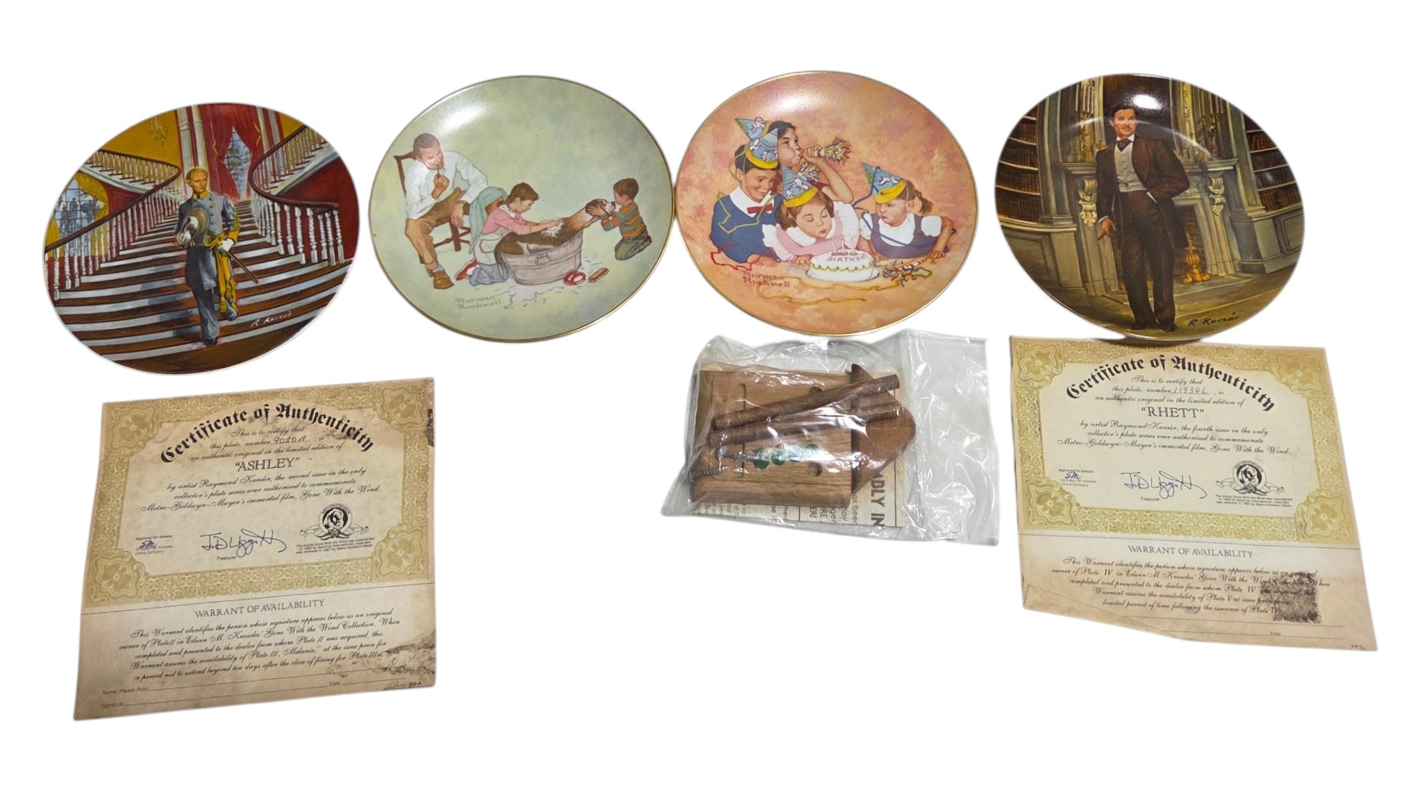 Norman Rockwell & Gone With The Wind Collector Plate Lot With COAs & Original Boxes, Water-Damaged Boxes