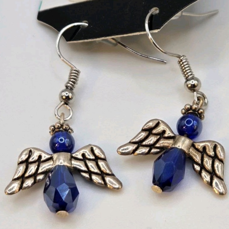 Handmade Angel Wing Blue Beaded Dangle Earrings – Local Minnesota Senior Artist – 100% Proceeds Support Artist