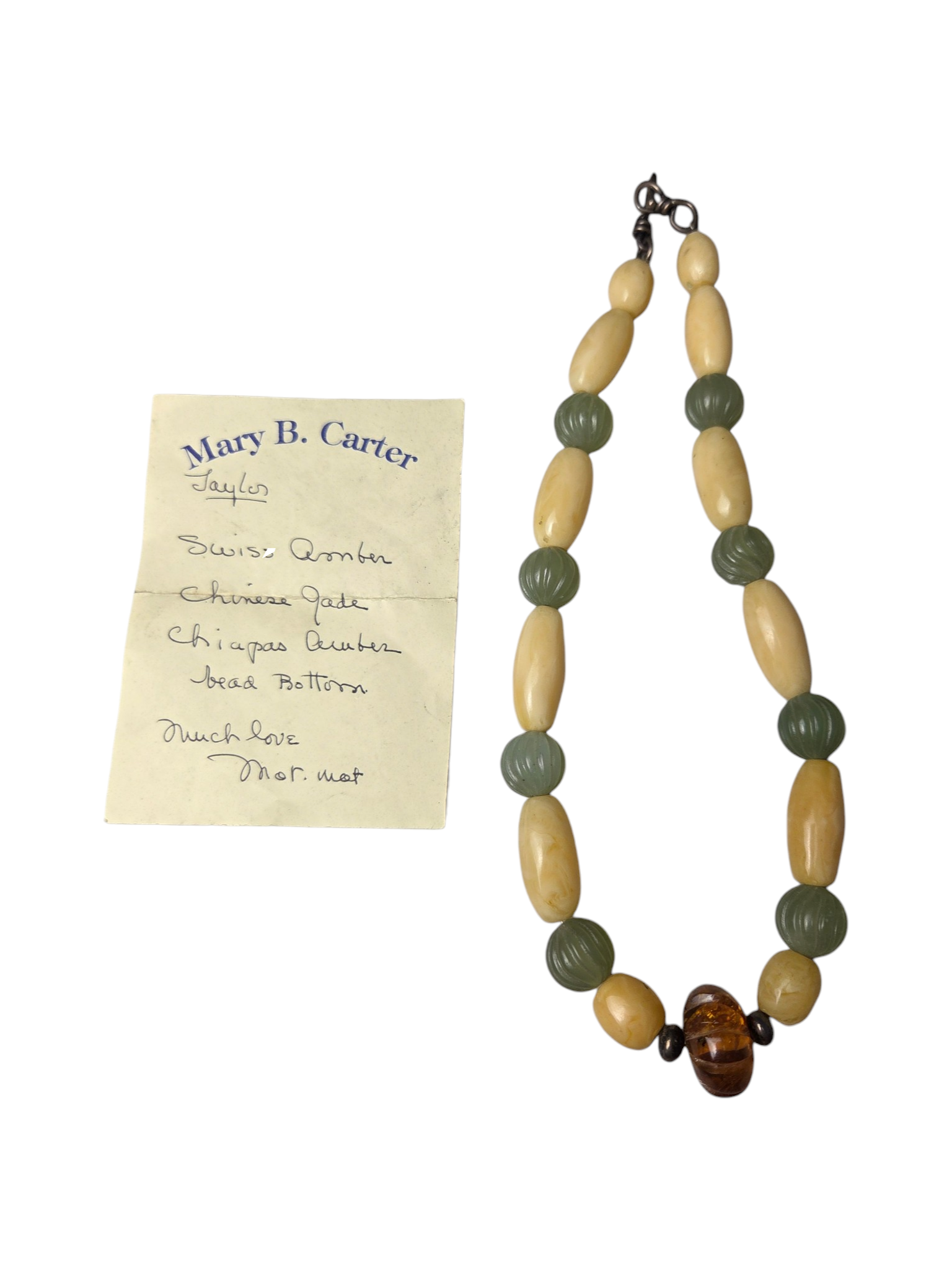 Beaded Necklace With Amber, Jade & Quartz Style Beads Plus Note