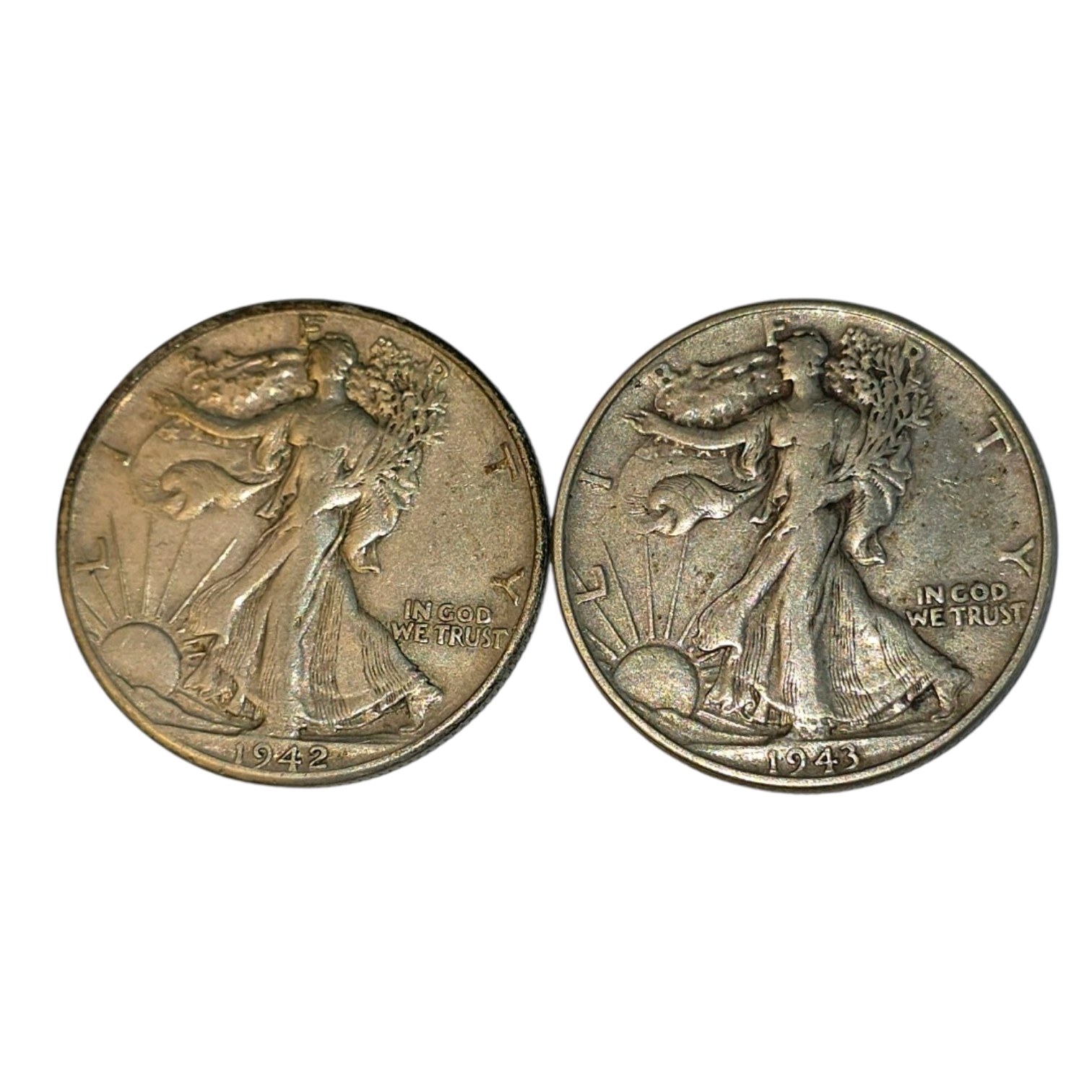 2 Walking Liberty Half Dollars  1942 & 1943  90% Silver Coin Lot. About 0.723 troy oz actual silver weight.