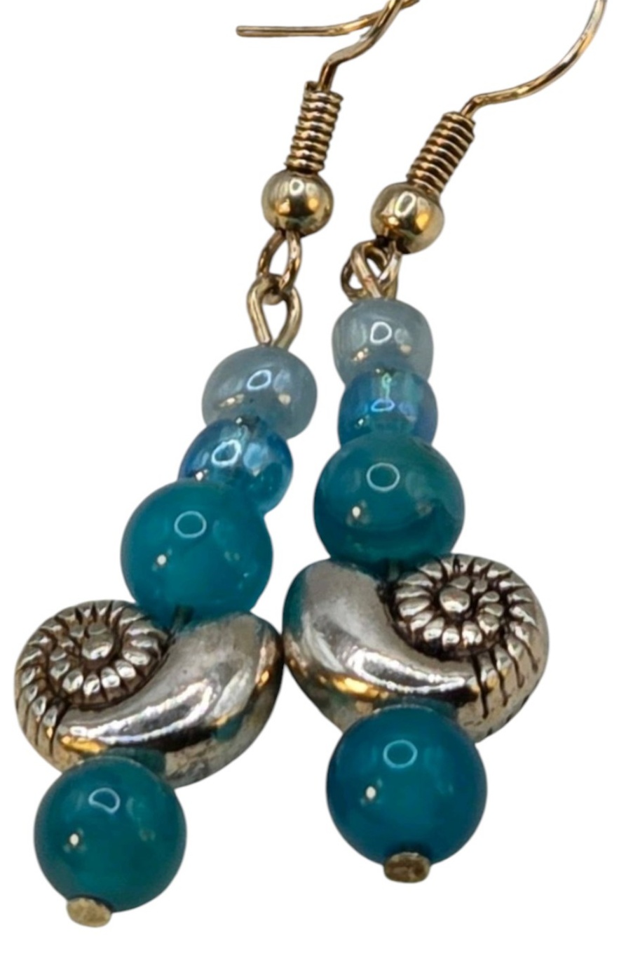 Handmade Jewelry  Local Minnesota Senior Artist  100% Proceeds Support The Artist Blue Beaded Dangle Earrings With Silver Tone Shell Accent