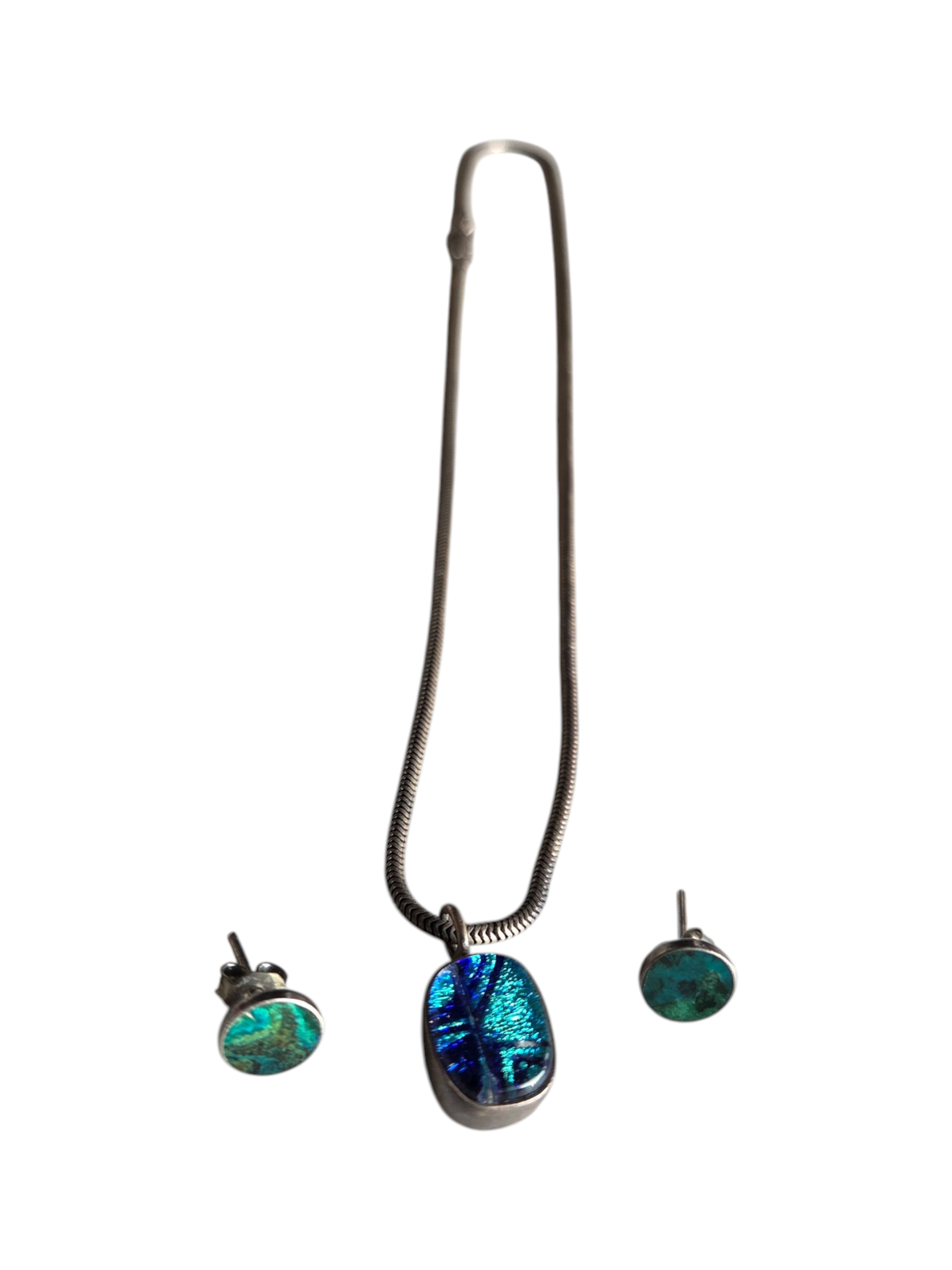 Sterling Silver Pendant Necklace & Matching Stud Earrings With Blue Green Stones