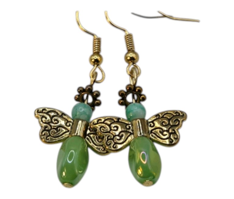 Handmade Jewelry  Local Minnesota Senior Artist  100% Proceeds Support The Artist Green Beaded Angel Dangle Earrings With Gold Tone Hooks