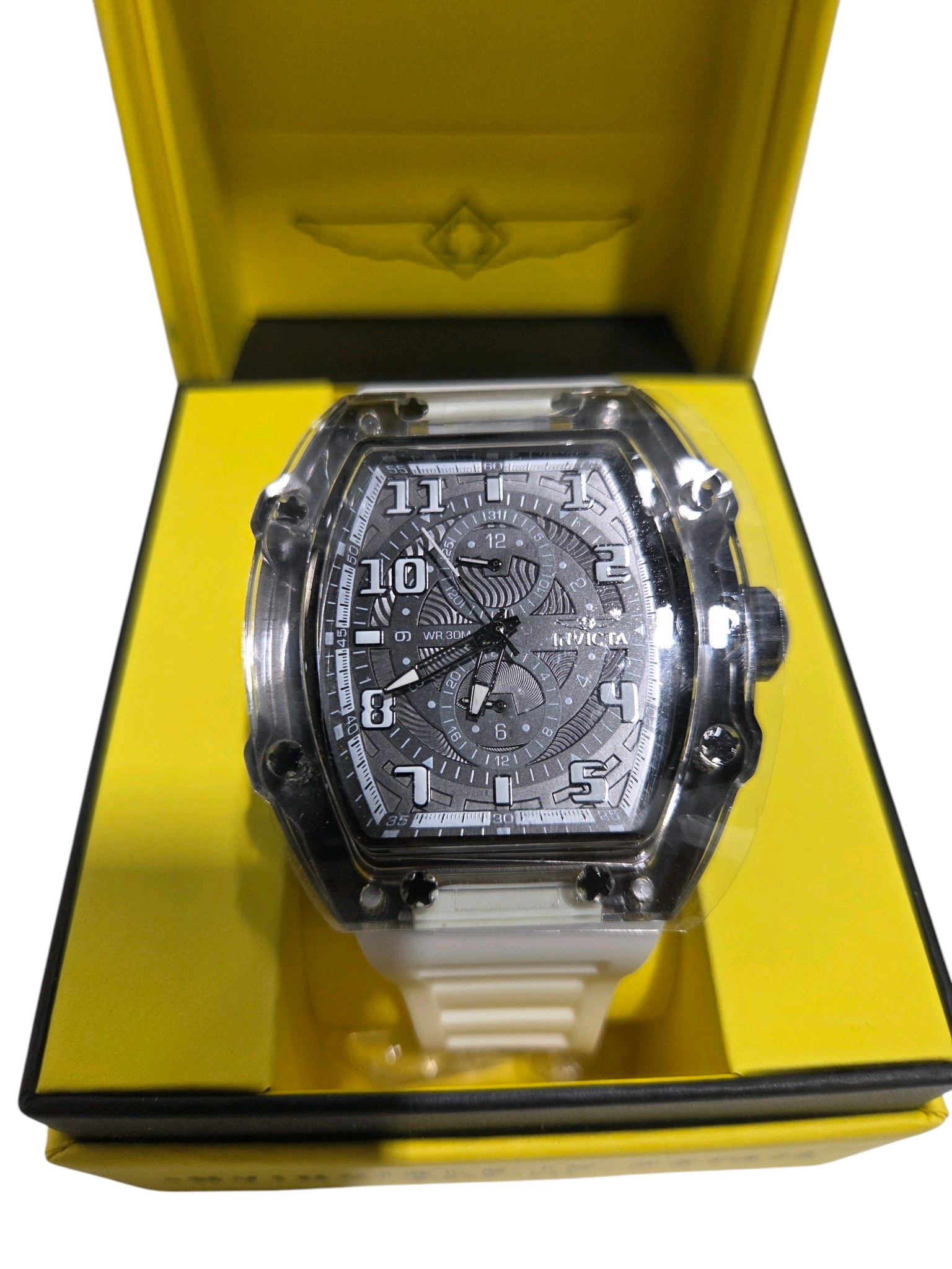 Retail Value $349.00 Invicta Watch 48447  Clear Case White Strap  New In Box With Tags