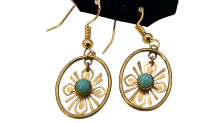 Handmade Jewelry  Local Minnesota Senior Artist  100% Proceeds Support The Artist Gold Tone Oval Dangle Earrings With Blue Bead Centers