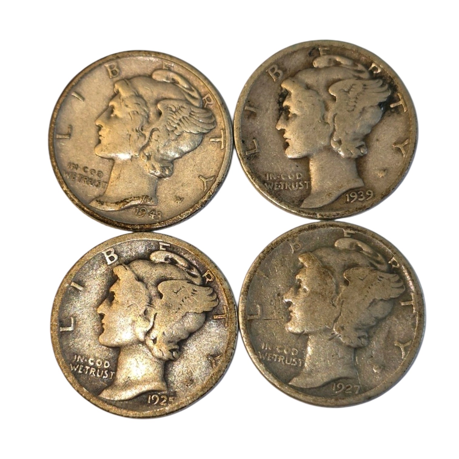 4 Mercury Dimes  1923, 1927, 1939 & 1943  90% Silver Coin Lot. About 0.289 troy oz actual silver weight.