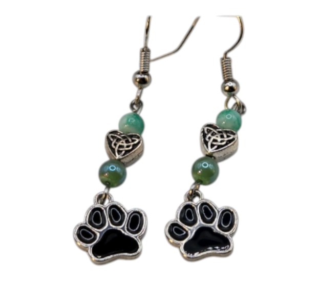 Handmade Jewelry  Local Minnesota Senior Artist  100% Proceeds Support The Artist Silver Tone Paw Print Dangle Earrings With Green Beads