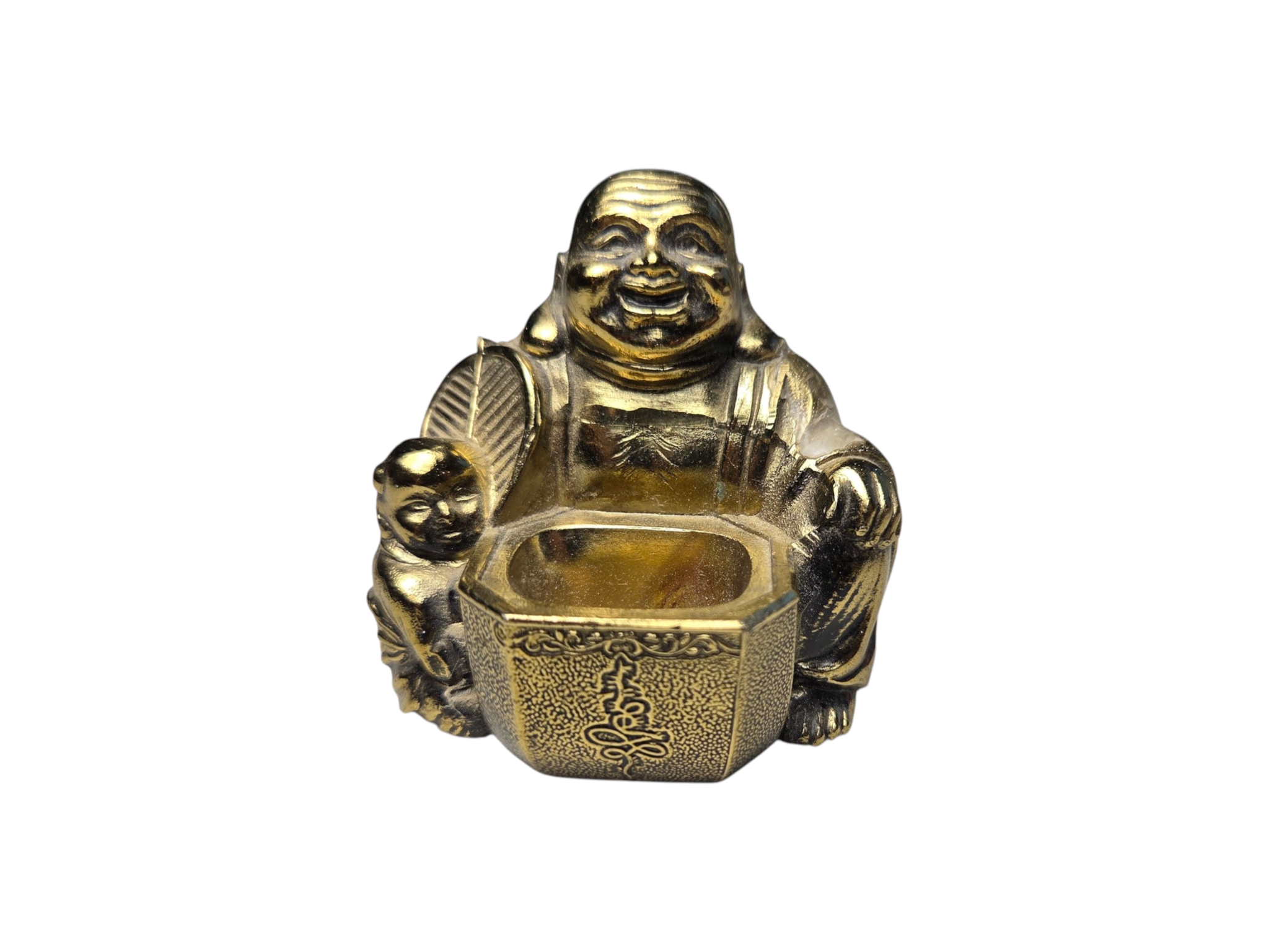 Brass-Tone Laughing Buddha Decorative Figurine With Bowl