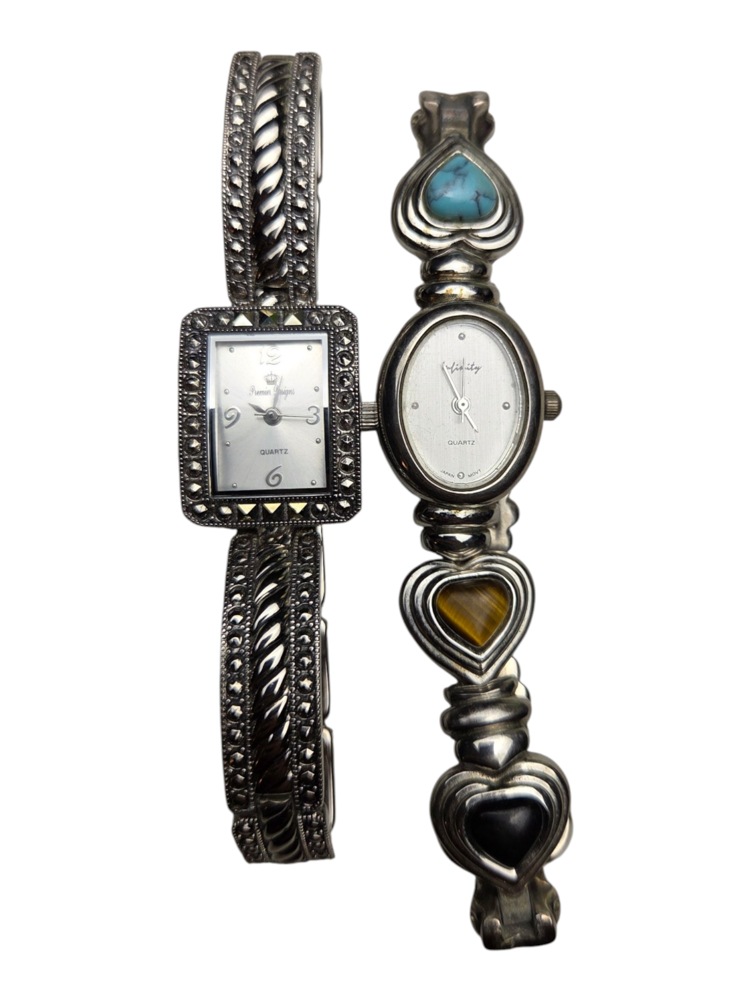 Vintage Lot of 2 Silver-Tone Quartz Bracelet Watches With Heart & Stone Accents