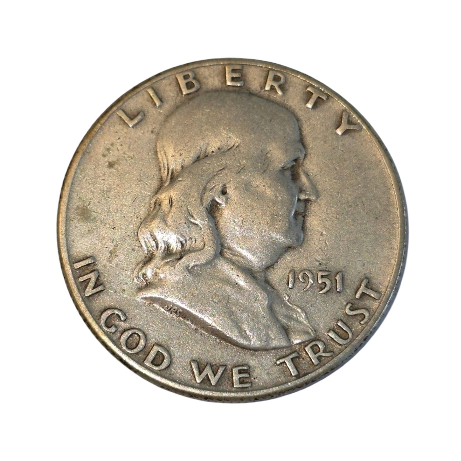 1951 Franklin Half Dollar  90% Silver  Circulated U.S. Coin About 0.3617 troy oz actual silver weight.
