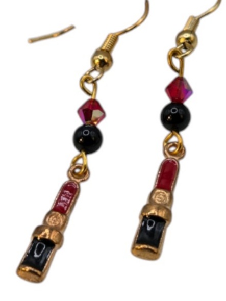 Handmade Jewelry  Local Minnesota Senior Artist  100% Proceeds Support The Artist Lipstick Charm Dangle Earrings With Red & Black Beads