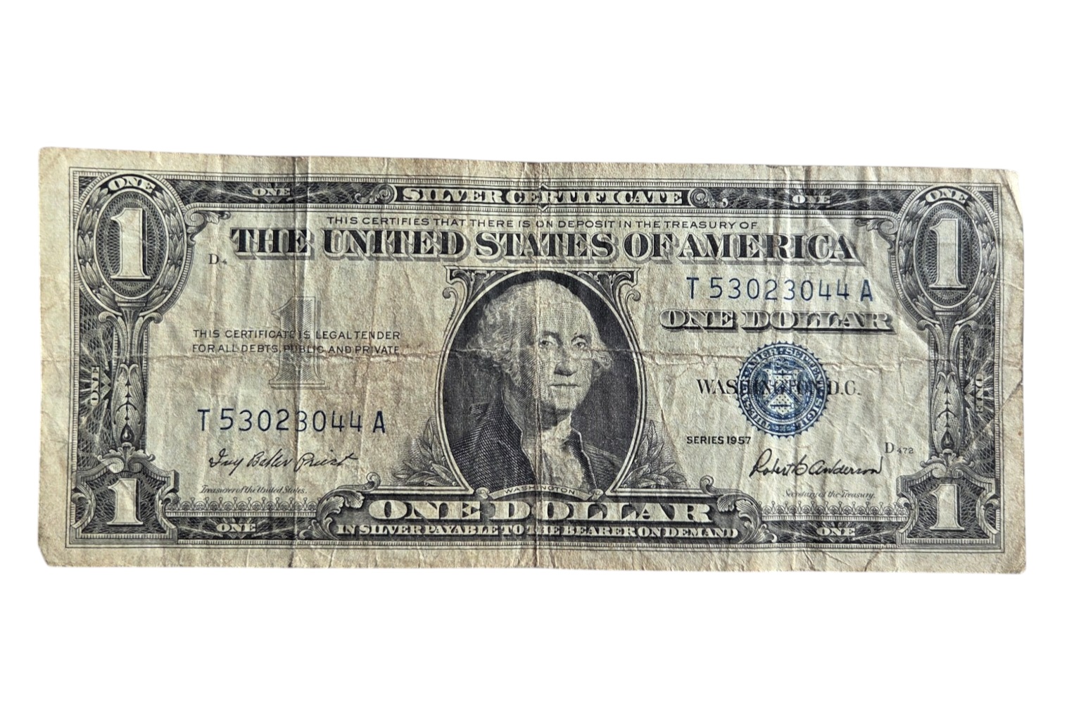 1957 $1 Blue Seal Silver Certificate Dollar Bill Series 1957