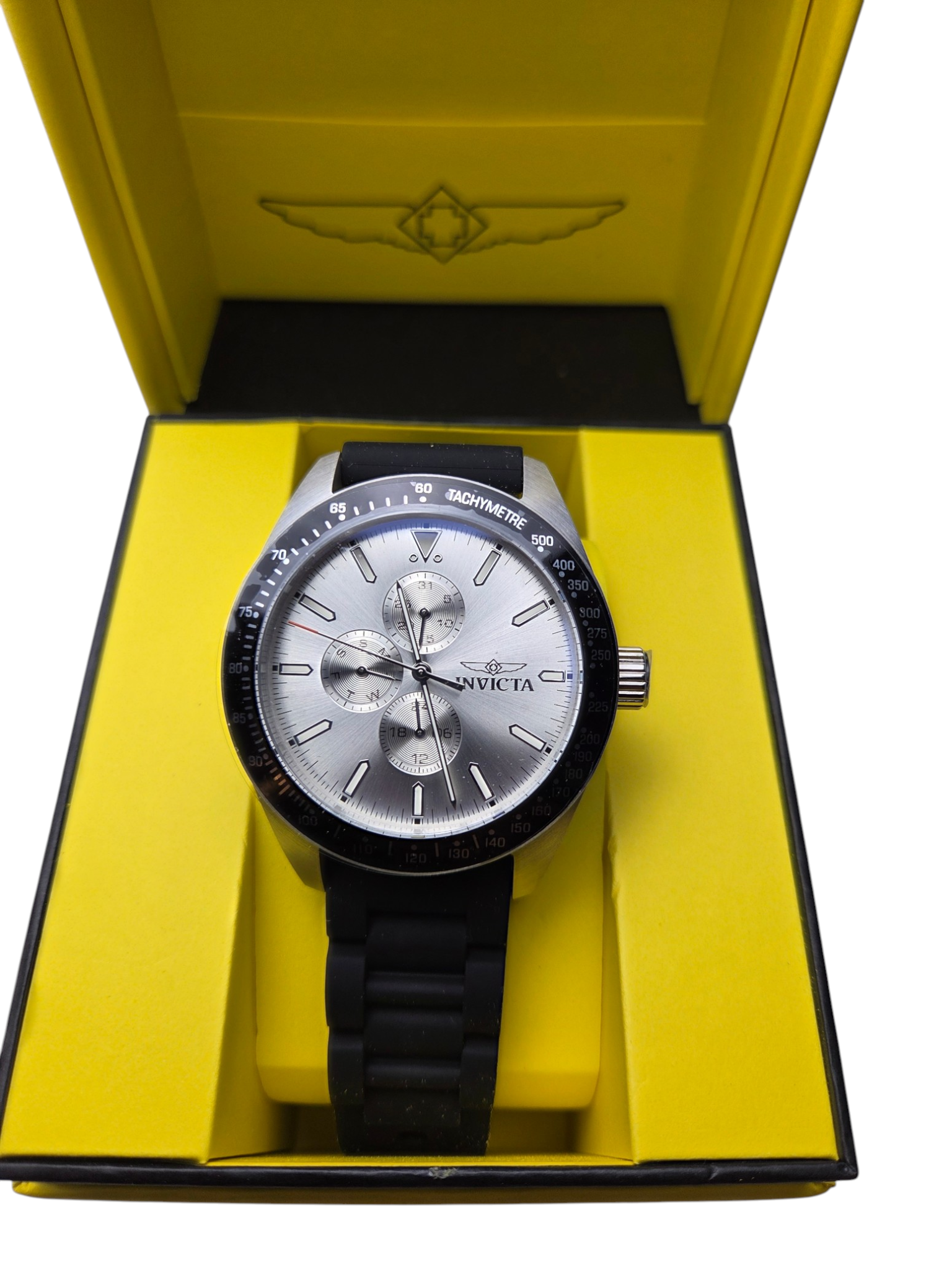 Retail Value $229.00 Invicta Mens Watch #48855 w Box - Silver Dial, Black Band & Tachymeter Bezel