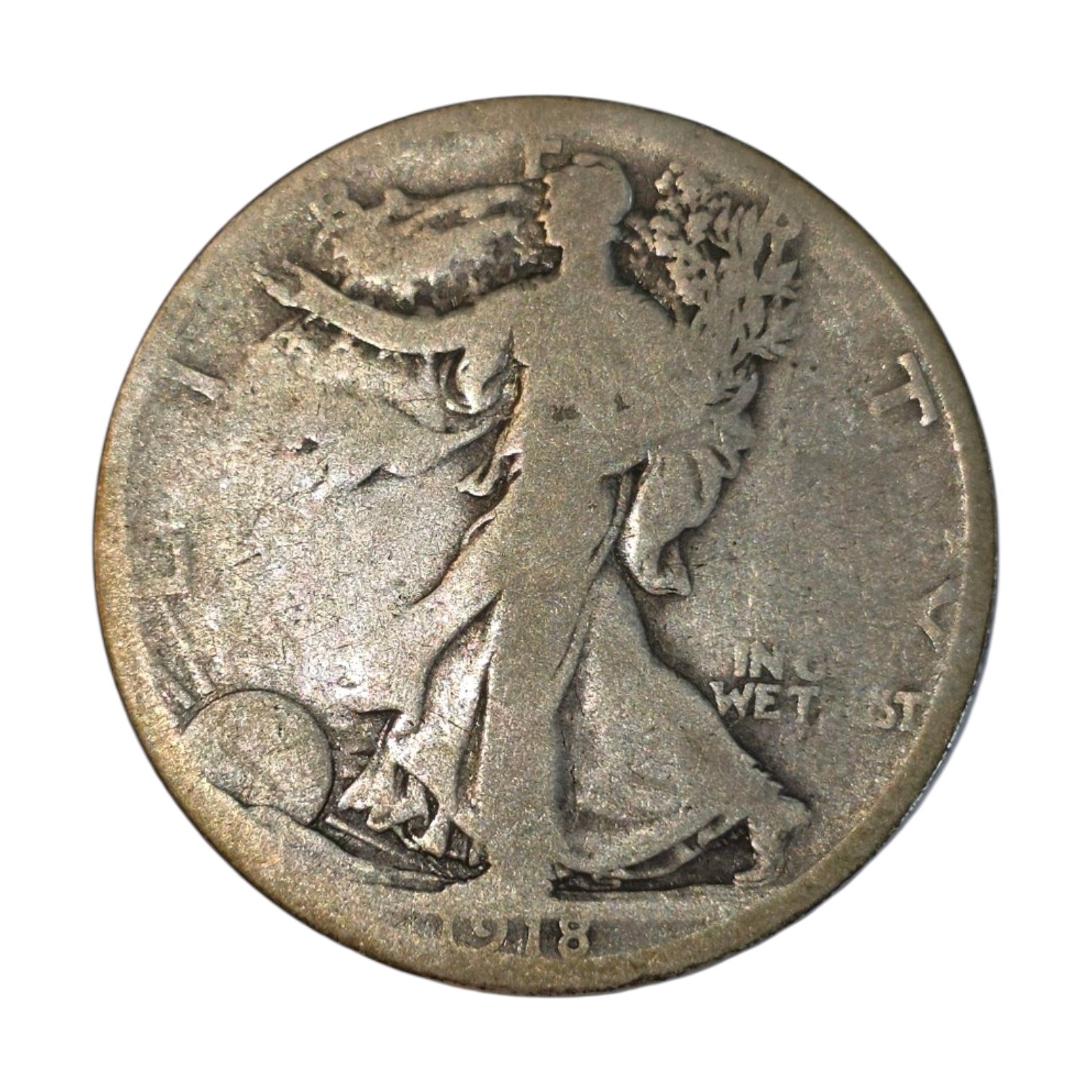 1918 Walking Liberty Half Dollar  90% Silver  Circulated U.S. Coin About 0.3617 troy oz actual silver weight.