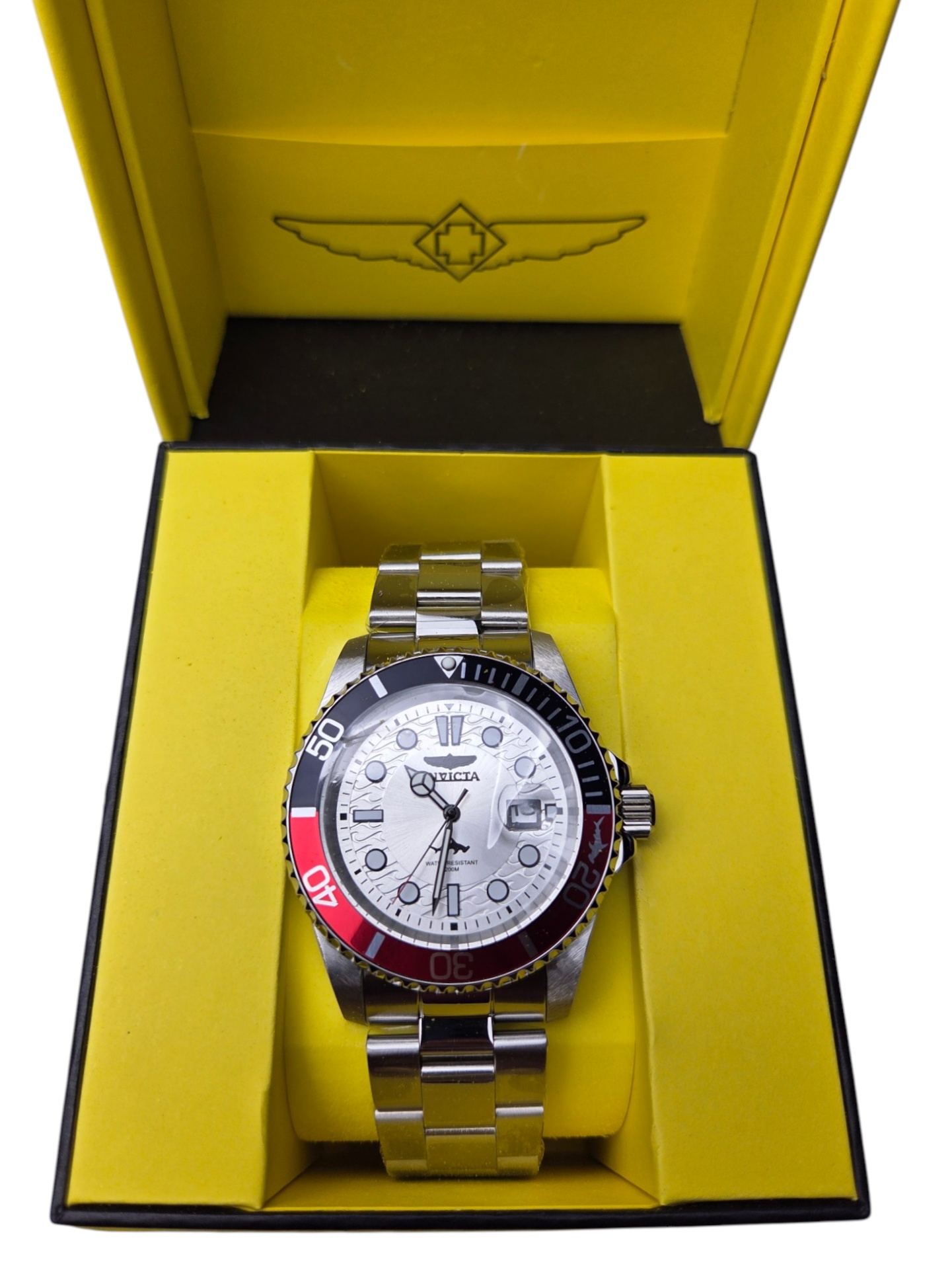 Retail Value $199.00 Invicta Mens Watch #50830 w Box - Silver-Tone Bracelet, White Dial & RedBlack Bezel