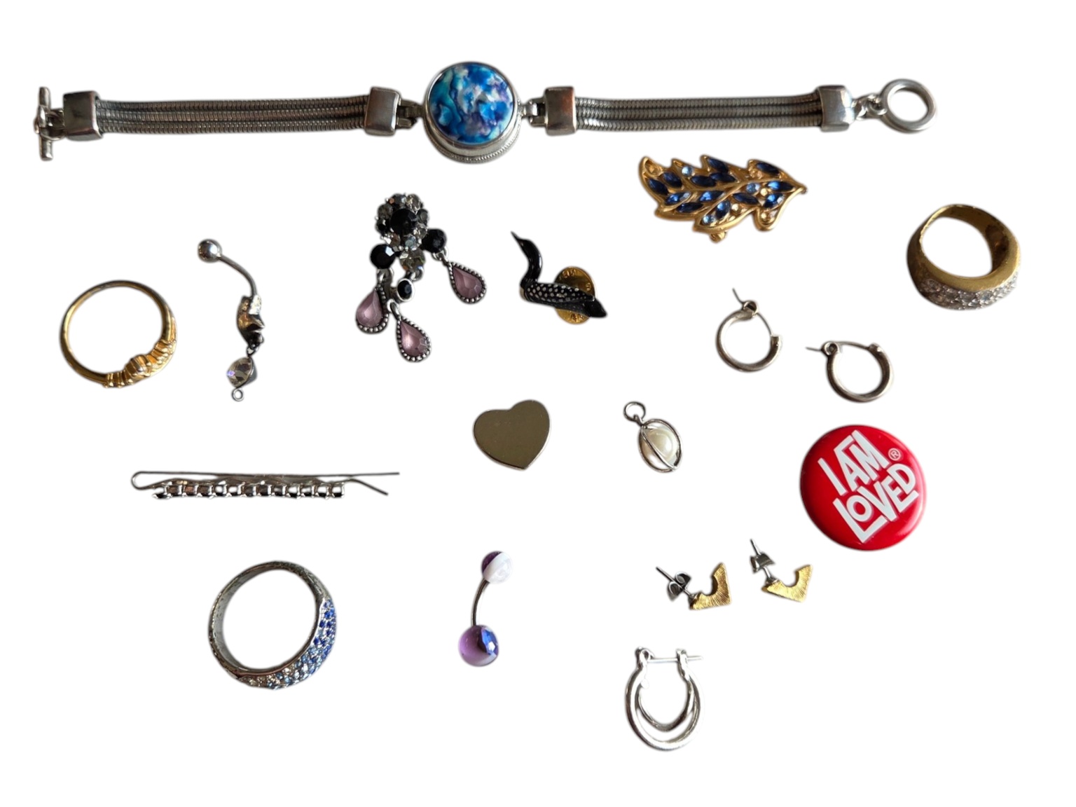 Unresearched Mixed Jewelry Lot With Blue Stone Bracelet, Rings, Pins & Earrings