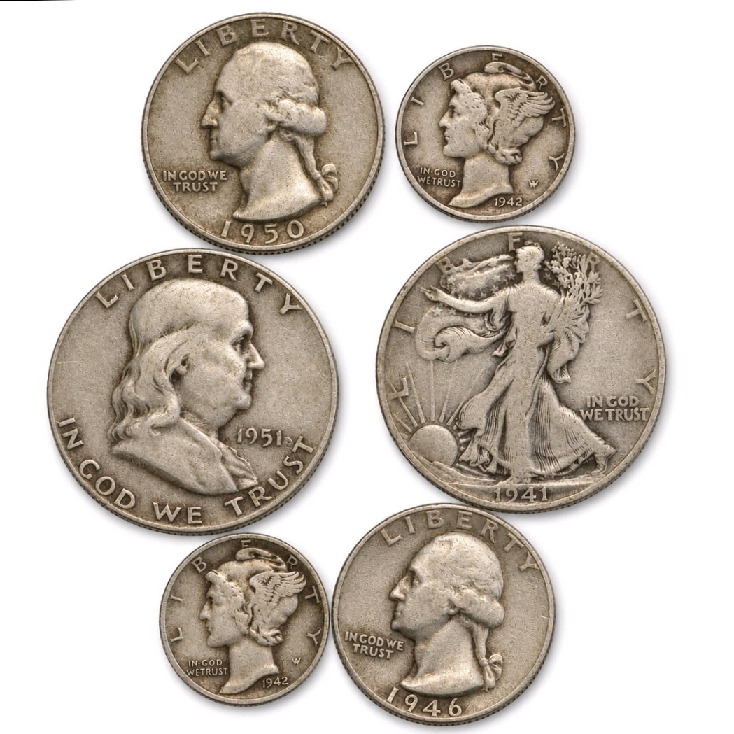 90% Silver U.S. Coin Lot  Walking Liberty Half, Franklin Half, Washington Quarters & Mercury Dimes about 1.215 troy oz actual silver weight.
