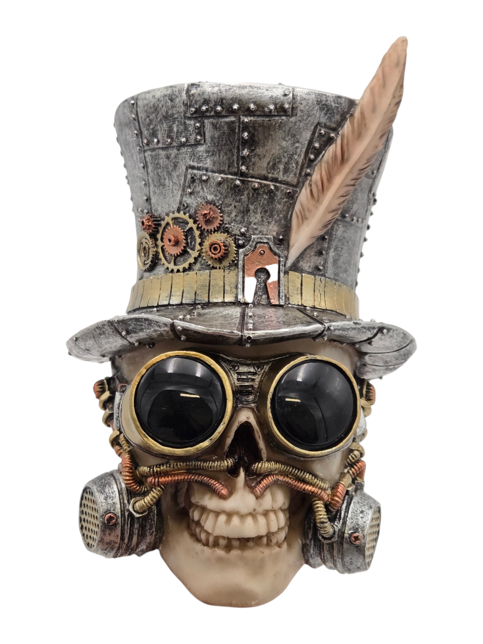 Retail Value $119.99 Steampunk Skull Head Decor With Top Hat, Goggles & Feather - Item SG-32
