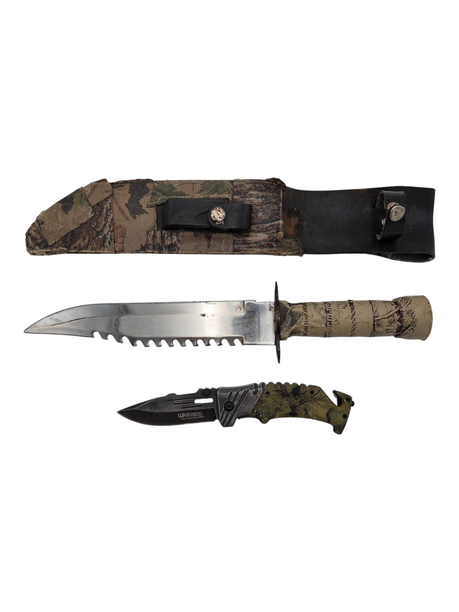 Brand New Wartech USA Folding Pocket Knife & Large Fixed Blade Knife With Camo Duct Tape Handle and Sheath