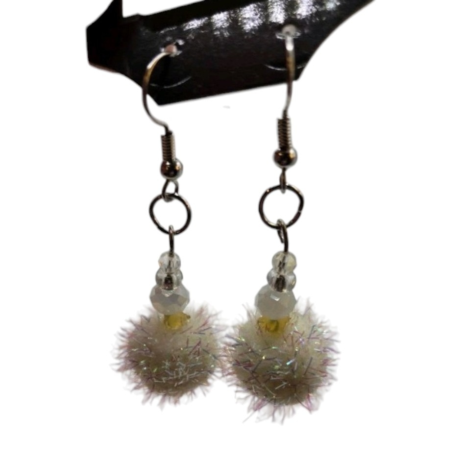 Handmade Jewelry  Local Minnesota Senior Artist  100% Proceeds Support The Artist Iridescent Pom Pom Dangle Earrings With Bead Accents