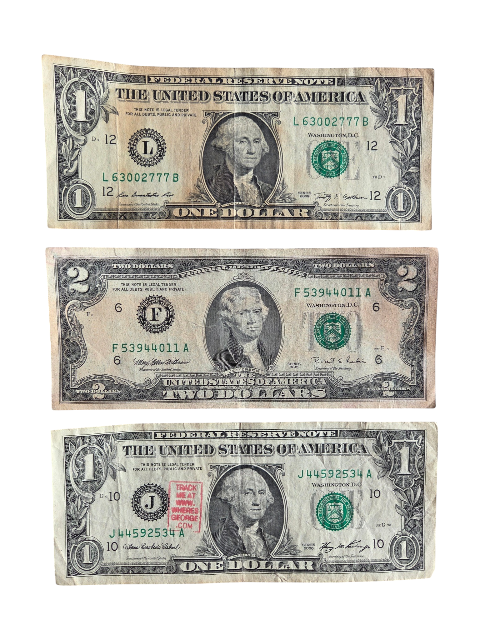 Mixed U.S. Currency Lot With $2 Bill & $1 Bills Including 1995, 2006, 2009